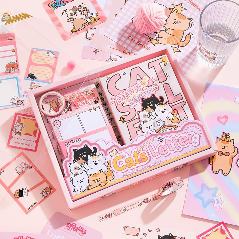 PRSTINCOL Pink Cute Cat Scrapbooking Kit,Kawaii Stationery Scrapbook Supplies Kit with Cat and Dessert Theme for Junk Journal, Bullet A6 Grid Notebook for Adult Teen Girl DIY Gift Kit for Girls