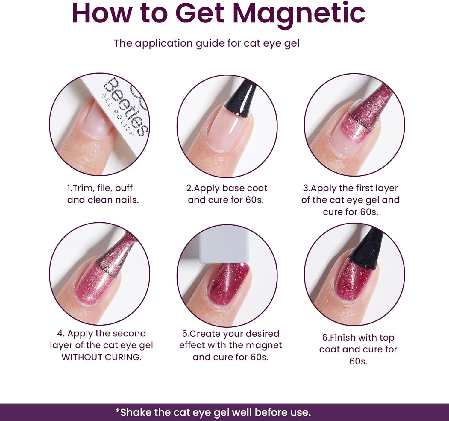 Beetles Gel Polish Cat Eye Gel Nail Polish Set, 6 Colors Spring Glitter Nude Shiny Champagne Burgundy Gold Magnetic Effect Sparkle Stunning Nail U V Gel Polish Art Design at Home image number 6