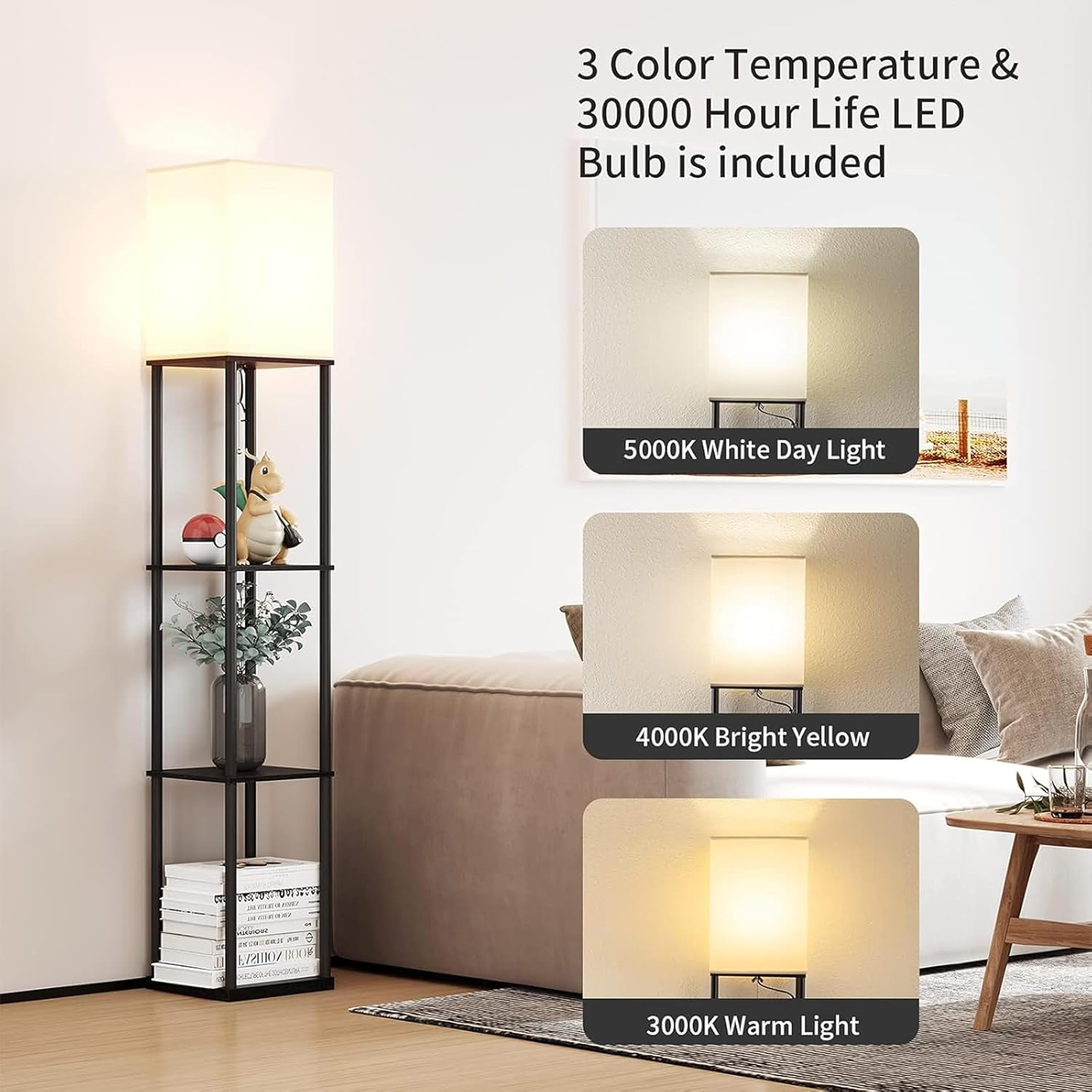 Floor Lamp, Vintage Wood Led Light Lamps Bookshelf Corner Shelf Standing Lights Display Stand Storage Organiser Home Decor for Living Room Bedroom, 3 Tier Shelves Pull-String Switch Black image number 3