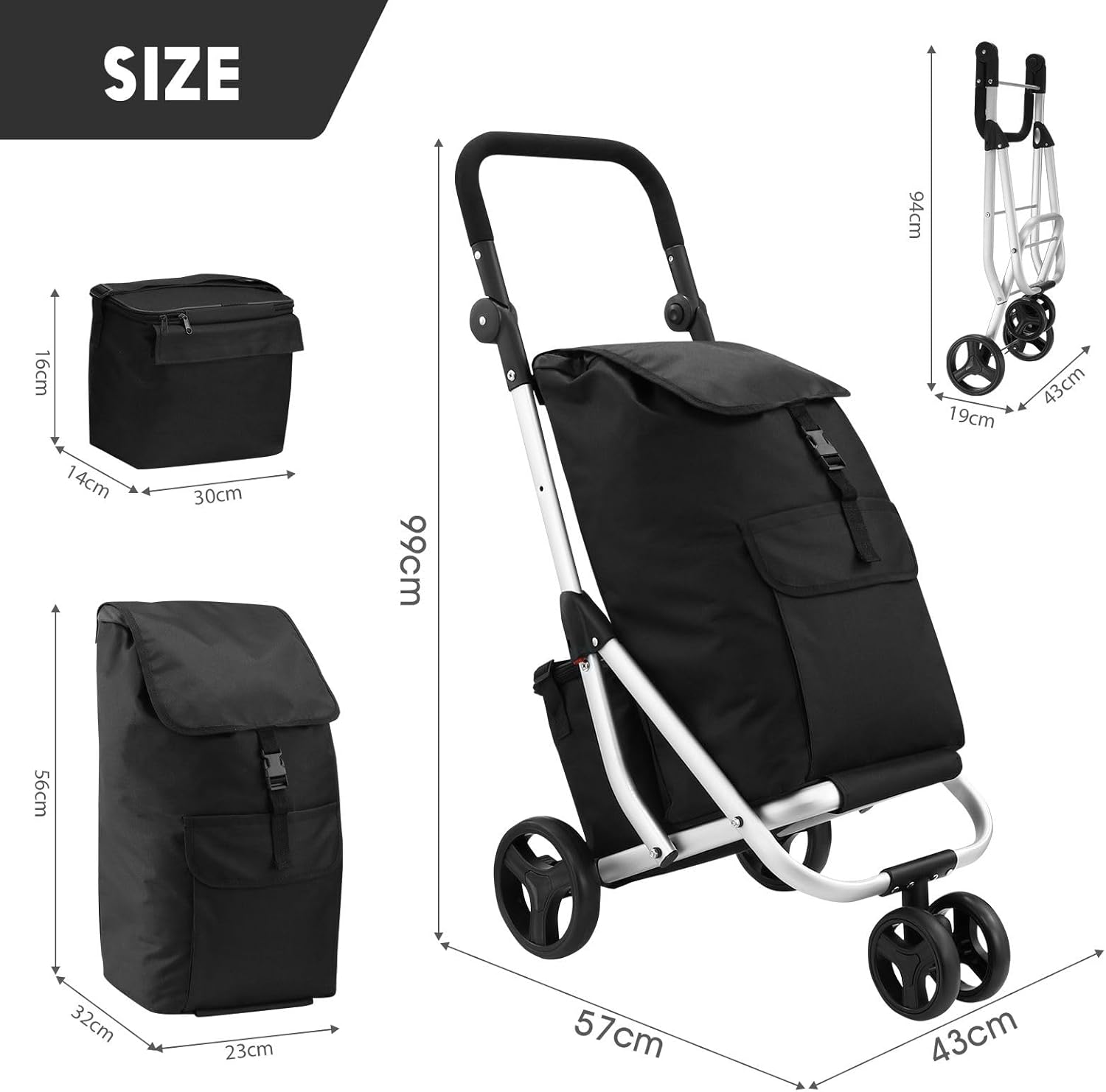 Maxkon Aluminium Shopping Trolley Waterproof Utility Cart Foldable Shop Grocery Bag with Insulation Bag Market Luggage with Wheels Black 45L image number 5