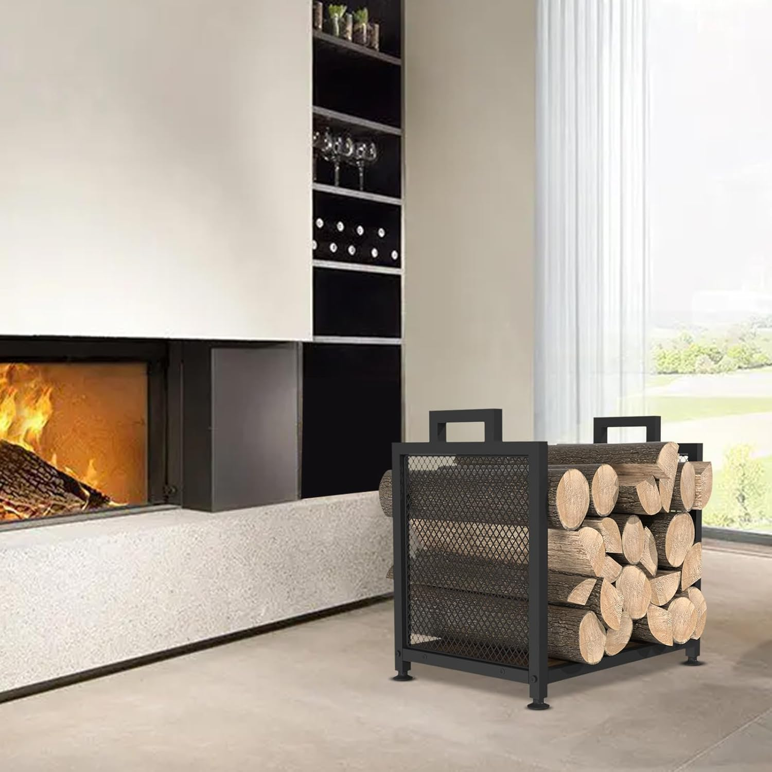 Firewood Rack for Indoor, Heavy Duty Fire Wood Racks Holder, 17.32" Metal Wood Storage Log Holder with Leather Carrier, Small Firewood Stand for Fireplace Patio Deck, Black image number 2