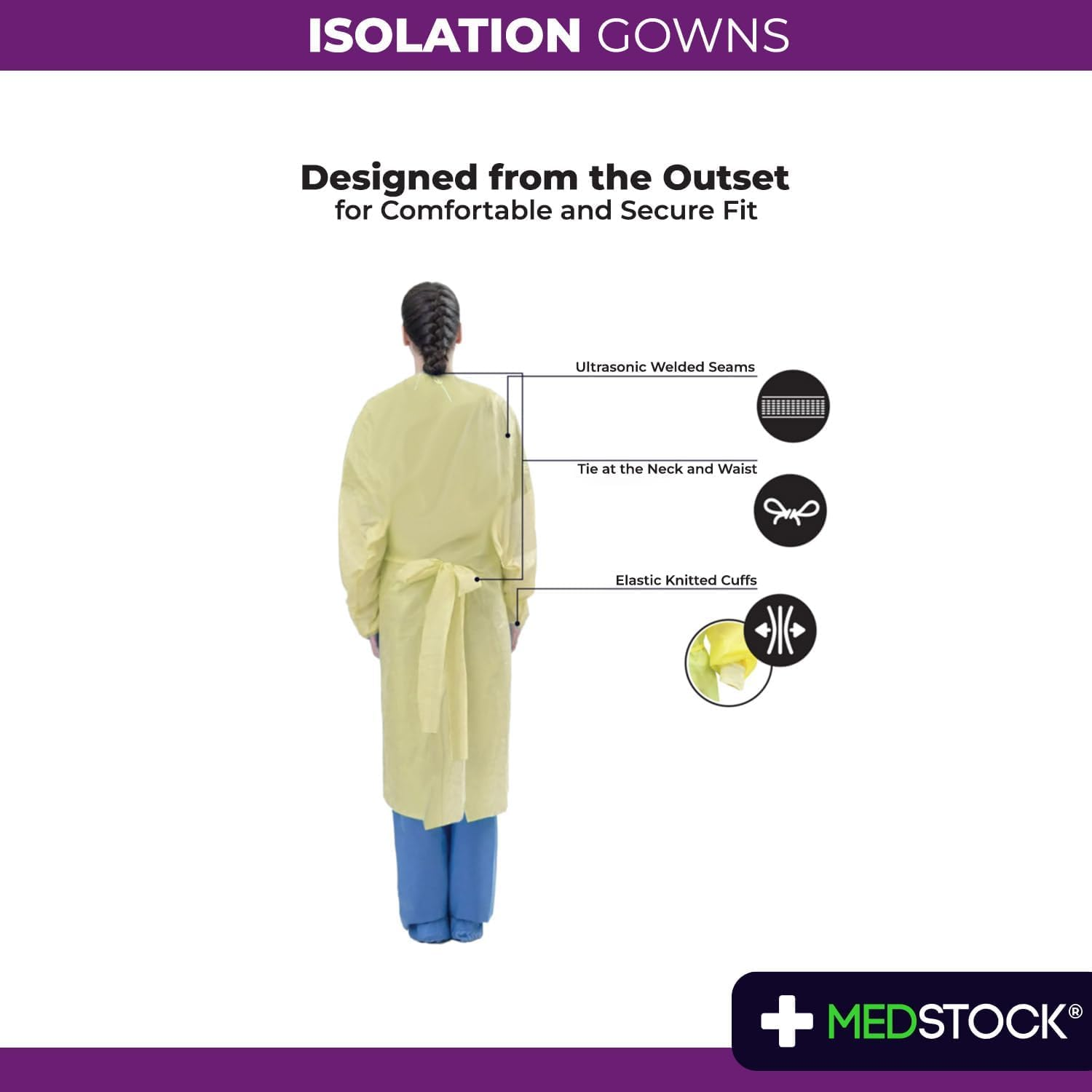 MEDSTOCK AAMI Level 2 Disposable Isolation Gown - Fluid-Resistant SMMS Material, Four-Layer Yellow, Universal Size, Durable, Lightweight PPE for ICU, Dialysis, and Pathology, Non-Sterile