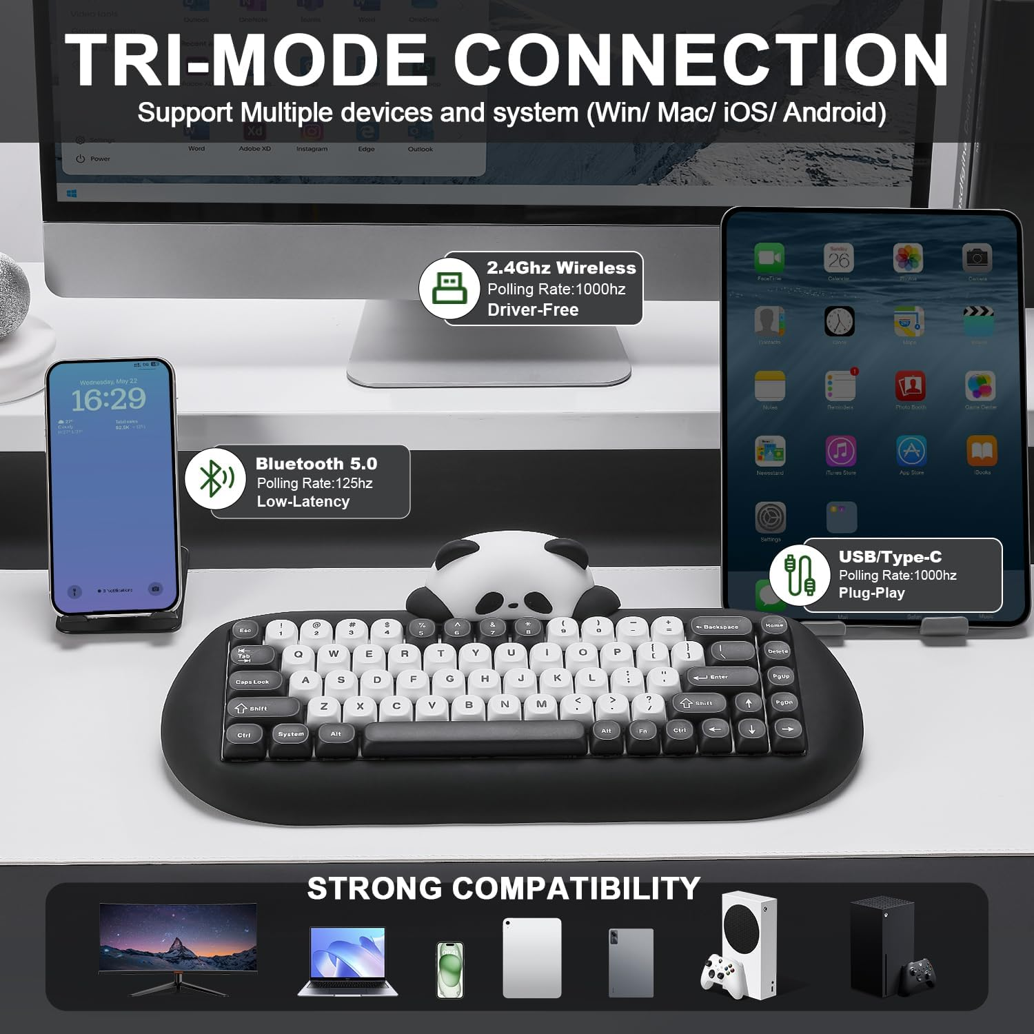 YUNZII C68 Panda Wireless Mechanical Gaming Keyboard, 68 Keys Cute Keyboard with PBT Keycaps, RGB Backlit, Hot Swappable Creamy Keyboard with Bt5.0/2.4G/Wired for Win/Mac(Panda Switch,Black) image number 1