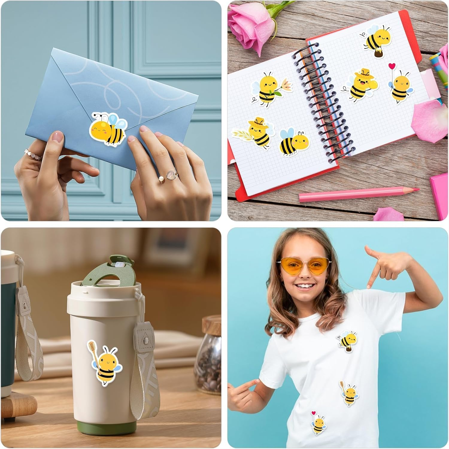 YSHIGUING Pack of 500 Bee Stickers Cartoon Bees Reward Stickers Roll Waterproof Vinyl Stickers Bee Labels Stickers Self-Adhesive Wall Stickers with Animals for Birthday Theme Party Decor image number 3