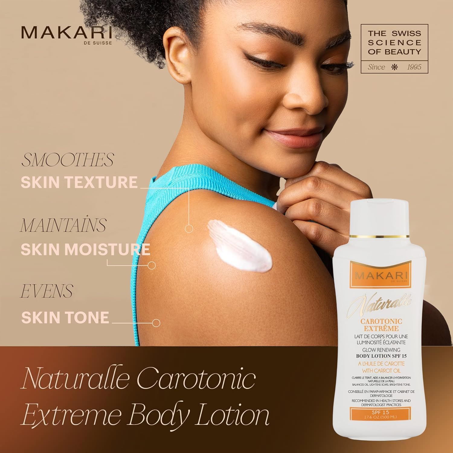 Makari Carotonic Extreme Glow Renewing Body Lotion, Infused with Carrot Oil & SPF 15, Helps Oil Control & Acne Treatment for Blemishes, Reduces Dark Spots & Hyperpigmentation, Boosts Brightening & Radiance, Provides Moisturizing & Hydrating Skin, Anti-Aging Formula for Oily & Combination Skin, 520Ml (17.6 Oz) image number 2