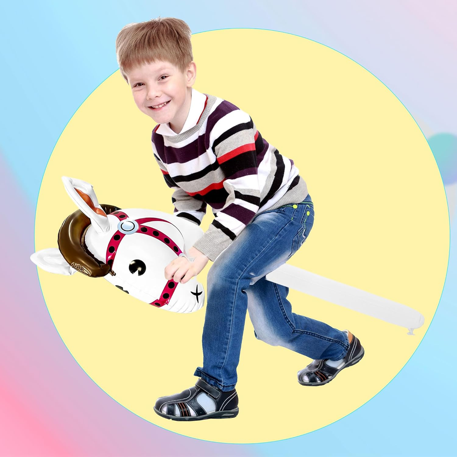 6 Pack 40 Inch Inflatable Horse Stick Cute Horsehead Stick Balloon Colorful Inflatable Horsehead Stick Blow up Pony Stick Toys for Christmas Cowboy Cowgirl Horse Theme Party Decor (Color Set 2) - Color Set 1 image number 7