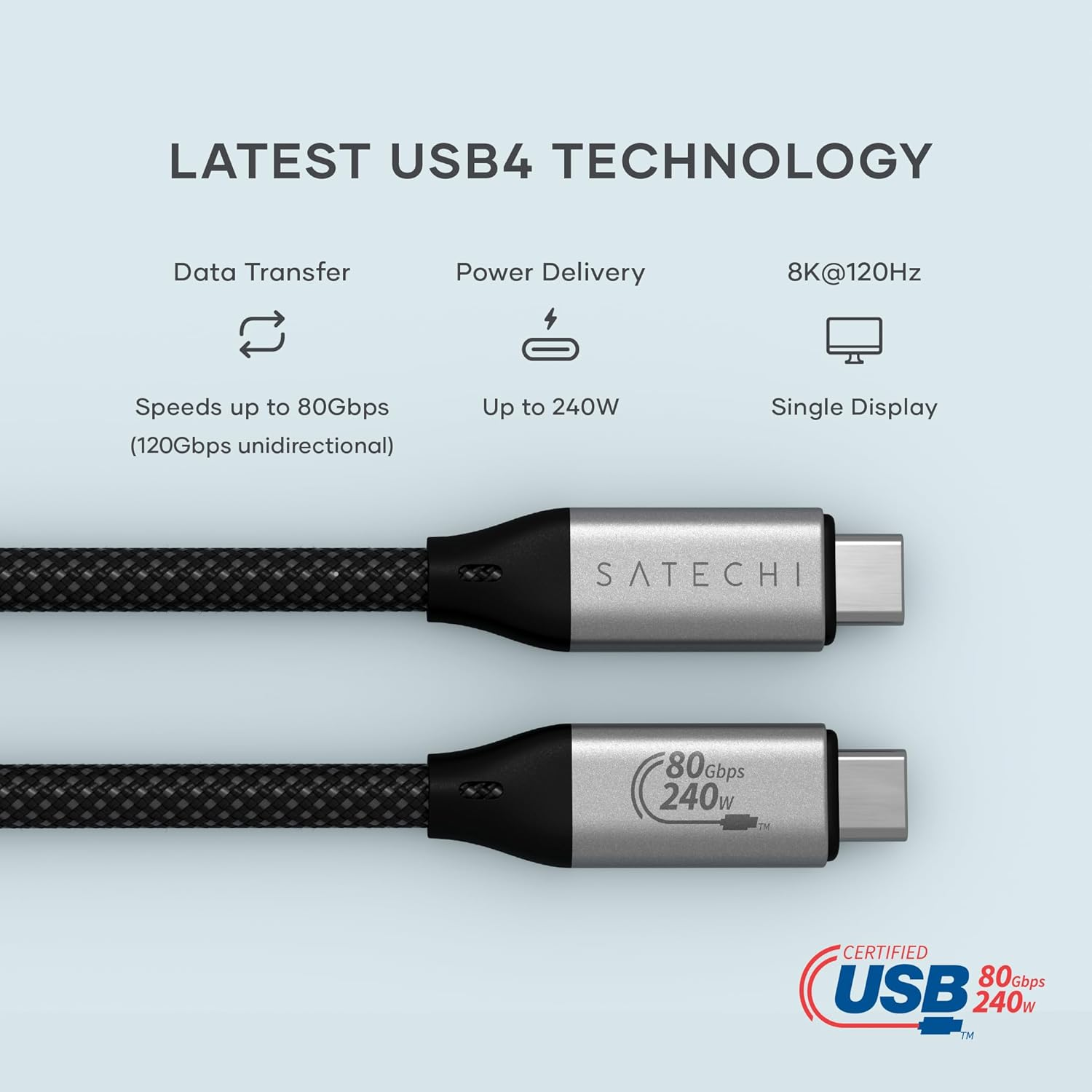 Satechi USB4 V2 Pro Cable, USB C Cable 1.2M/3.9Ft, up to 120Gbps Data Transfer, 240W Power Delivery, 8K@60Hz Display, Thunderbolt 5/4/3 Compatible, for Macbook, Windows & More image number 5