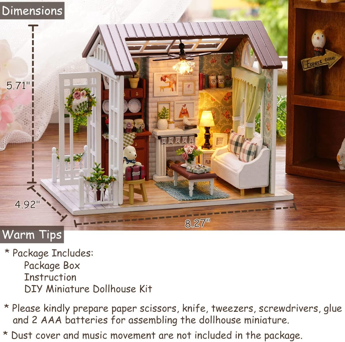 Tukiie DIY Miniature Dollhouse Kit, 1:24 Scale Wooden Mini Doll House Accessories with Furniture for Kids Teens Adults(Happy Times) image number 4