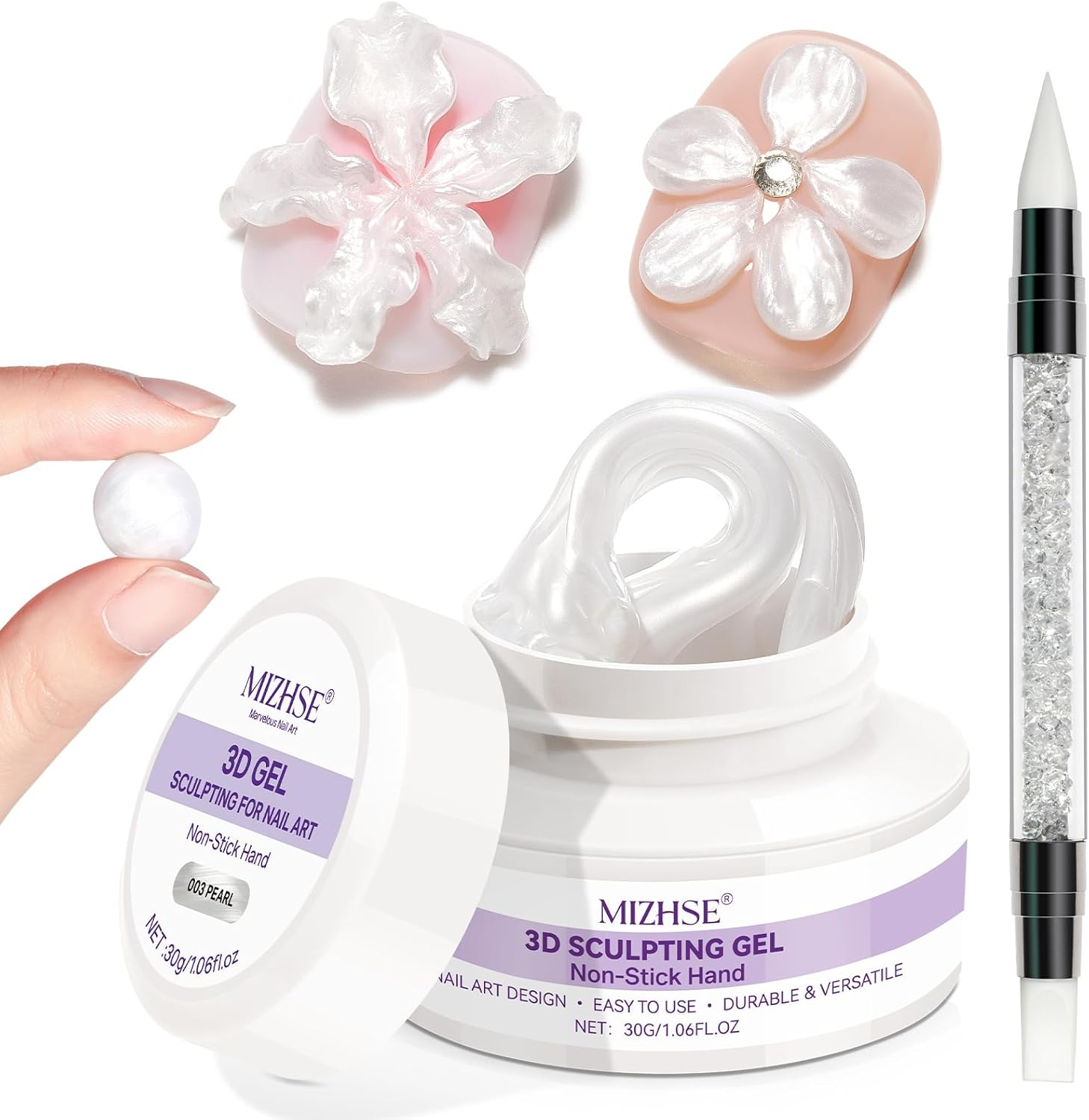 MIZHSE White 3D Gel Nail Art 30G Sculpting Gel Non-Sticky Molding Gels for Nails Solid U V LED Soak off Gels Polish with Silicone Pen and 3D Mold for Nail Design Home Manicure