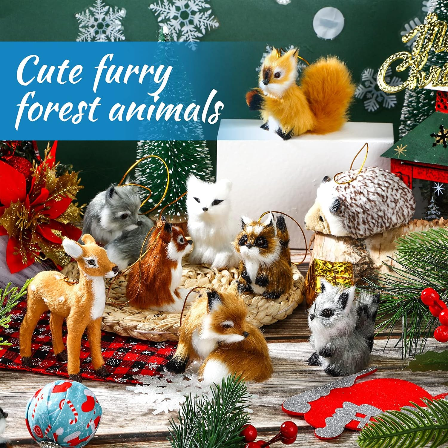 Skylety 15 Pieces Animal Ornaments, Woodland Faux Fur Animal Hanging Ornament Bulk Plush Simulation Fall Christmas Tree Decoration for Home Backpack Party Holiday