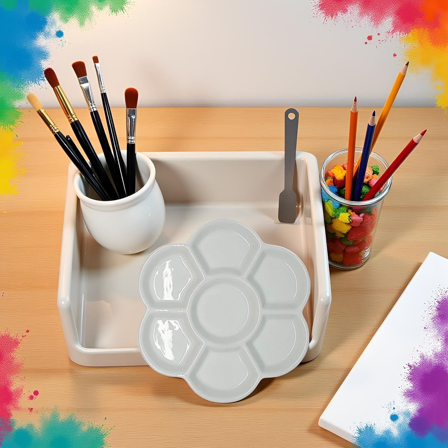 White Porcelain Watercolor Palette - Washable Ceramic Paint Tray with Non-Stick Surface | Professional Artist-Grade Mixing Palette for Studio and Outdoor Painting image number 3