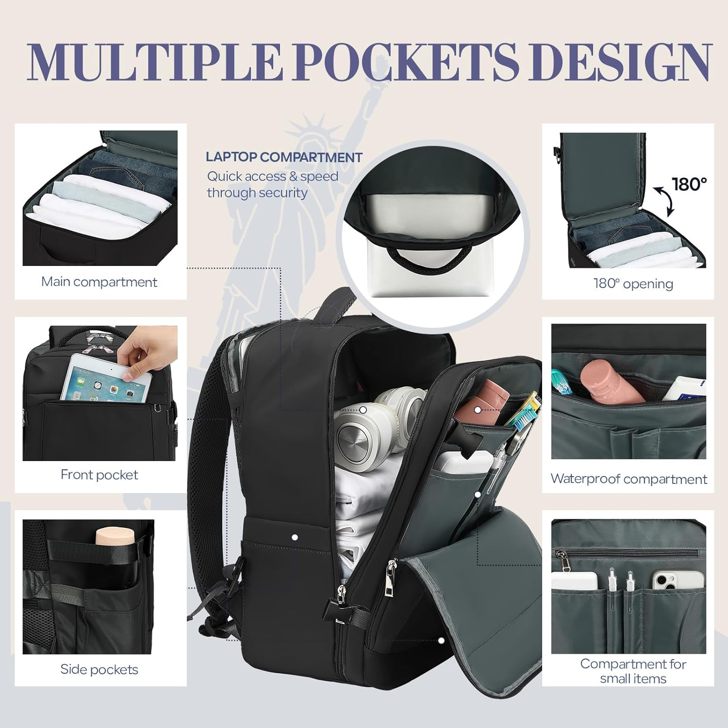 Yankony Cabin Bags Underseat Cabin Bag, Small Travel Backpack Cabin Size Carry on Bag for Airplanes Multiple Pockets Comfort Airback Backpack Cabin Size for Men and Women