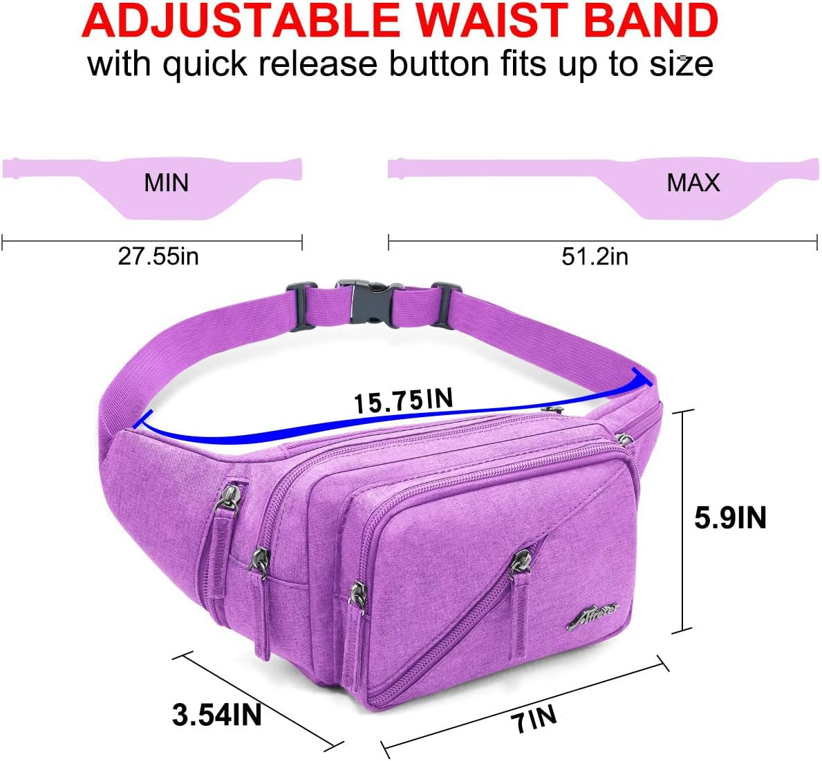 Afreter Fanny Pack Waterproof Waist Bag Pack Men Women Hip Bum Bag with Water Bottle Holder Adjustable Strap Suitable for Outdoors Workout Traveling Hiking Cycling Dog Walking Pouch Bag, Purple, - Black image number 2