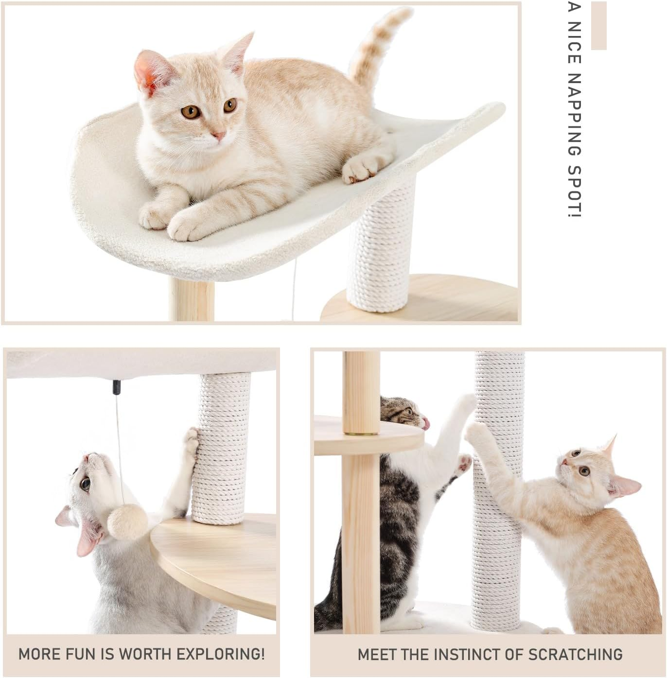 PAWZ Road Wooden Cat Tree for Indoor Large Cats, 124.5Cm Modern Cat Tower with 4 Cotton Rope Covered Scratching Posts, 6 Wood Posts, Super Large Platform and Pompom