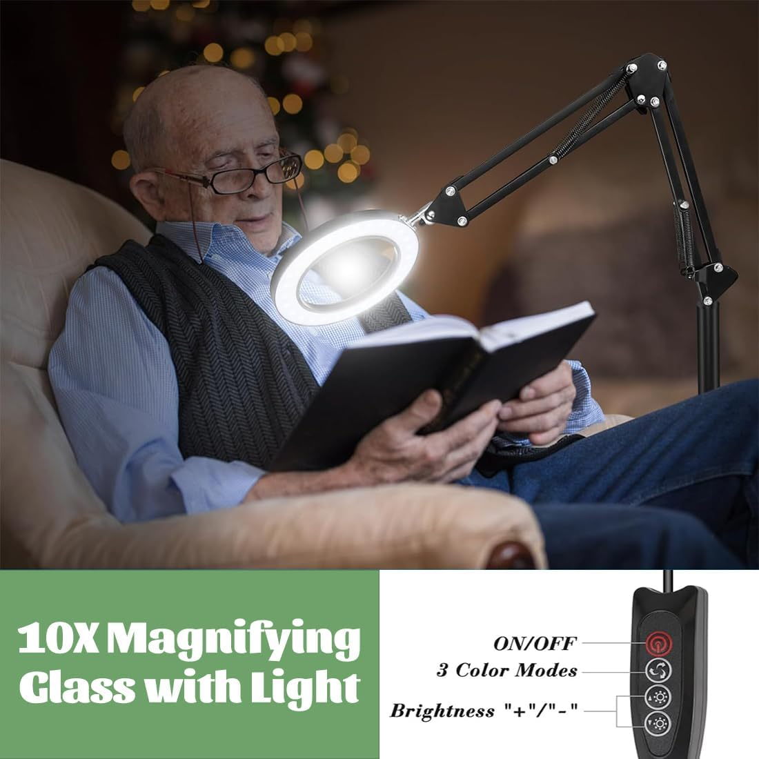 10X Magnifying Glass with Light and Stand, 3-In-1 Adjustable Swing Arm Magnifying Floor Lamp, Adjustable Color Temperature & Dimmable Lighted Magnifier Lamp with Clamp for Reading,Close Work image number 4