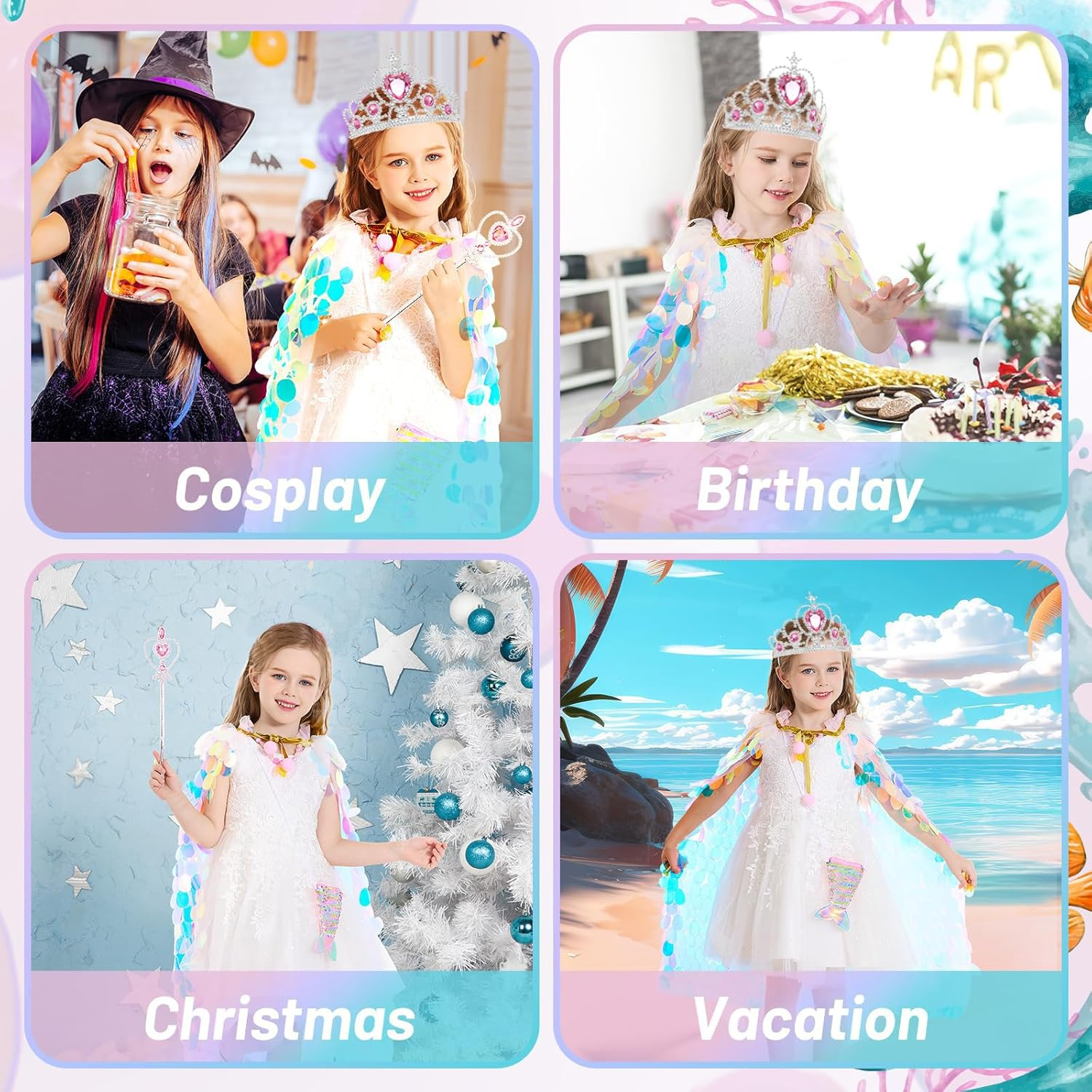 MOTYYA Princess Dress up Clothes for Girls, 9Pcs Rainbow Mermaid Cape Kit Princess Dress up Costume Toys Gift Set for Little Girls 3-8 Years Old, Party Favors Birthday Great Gift Set image number 3