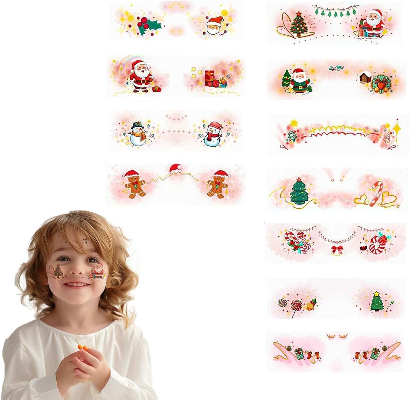 Itadaku 11 Pcs Christmas Girls Temporary Tattoo Stickers, Colorful Face Tattoos with Snowman, Christmas Tree, Santa Claus Patterns, Great for Party Favors