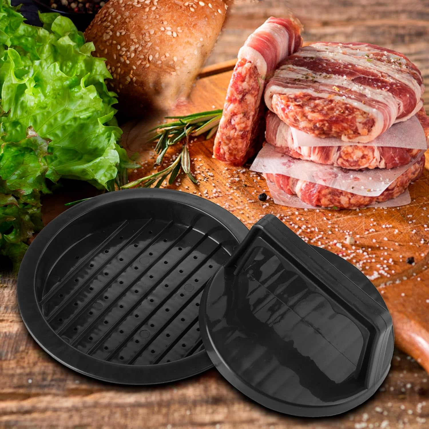 Burger Press Patty Maker, round Non-Stick Stuffed Hamburger Press Accessories Smashed Hamburger Press Patty Burger Meat Sausage Beef Maker Mold Kitchen Gadgets for Grilling (2 Pack, Black) image number 5