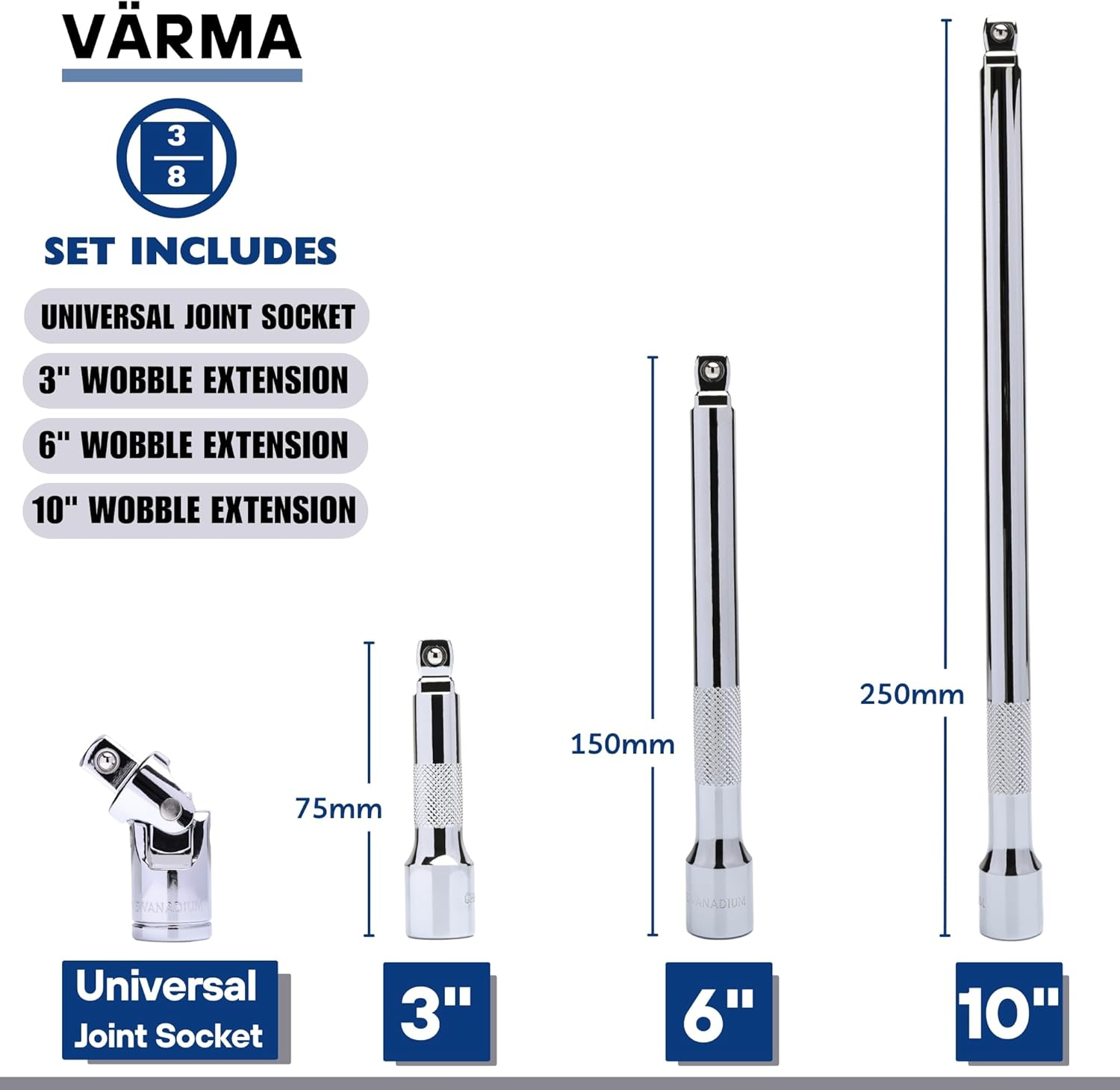 4 Piece 3/8 Inch Drive Socket Wobble Extension Bar Set (3&rdquo;, 6&rdquo;, 10&rdquo;, Universal Joint Socket Adapter), 3/8 Inch Drive Universal Joint Socket Adapter, Ideal for Automotive, DIY Use