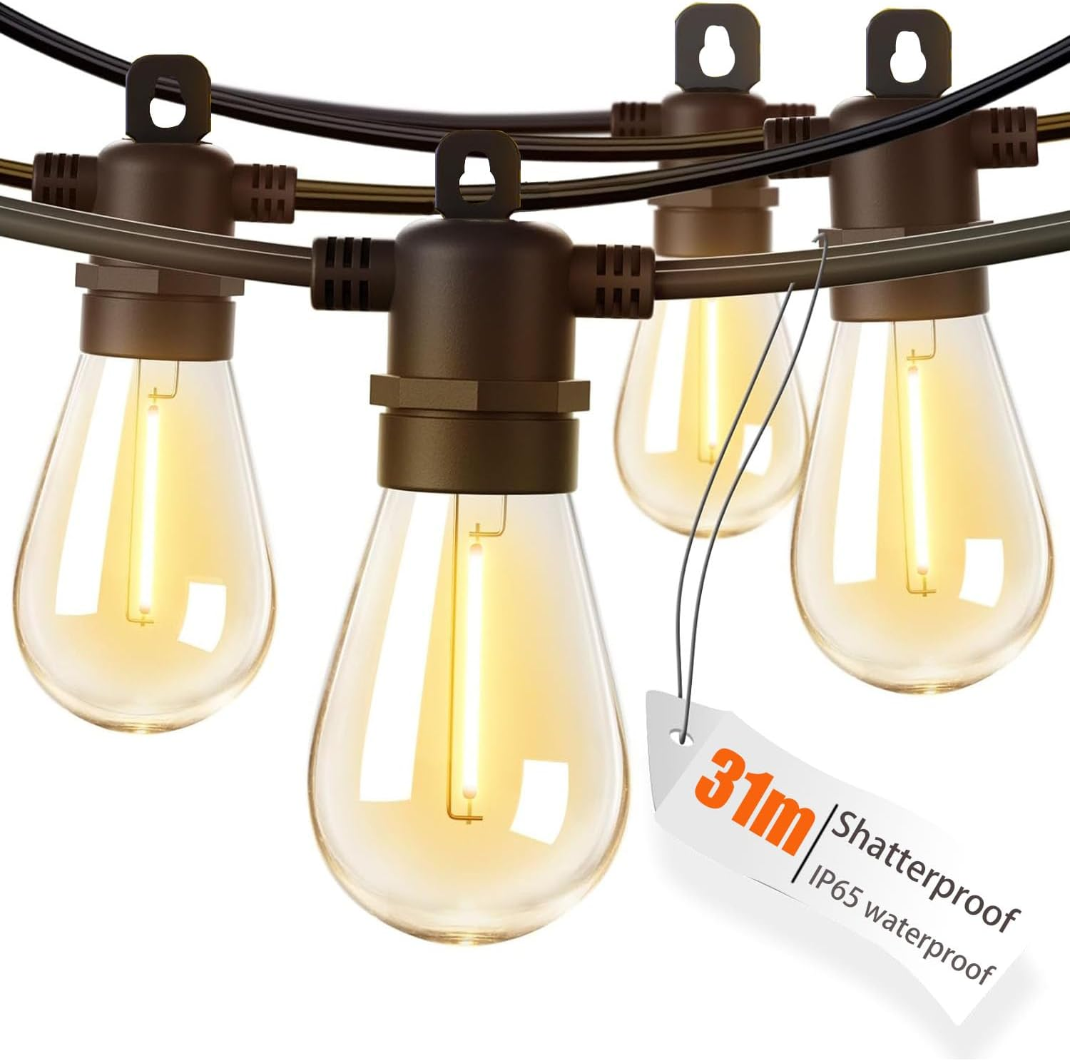 31M Festoon Lights Outdoor with 31 Bulbs+2 Spares S14 LED Outdoor String Lights,Connectable Christmas String Lights, Ip65Waterproof and Shatterproof Fairy Lights for Garden, Party, Yard, 2700K image number 3