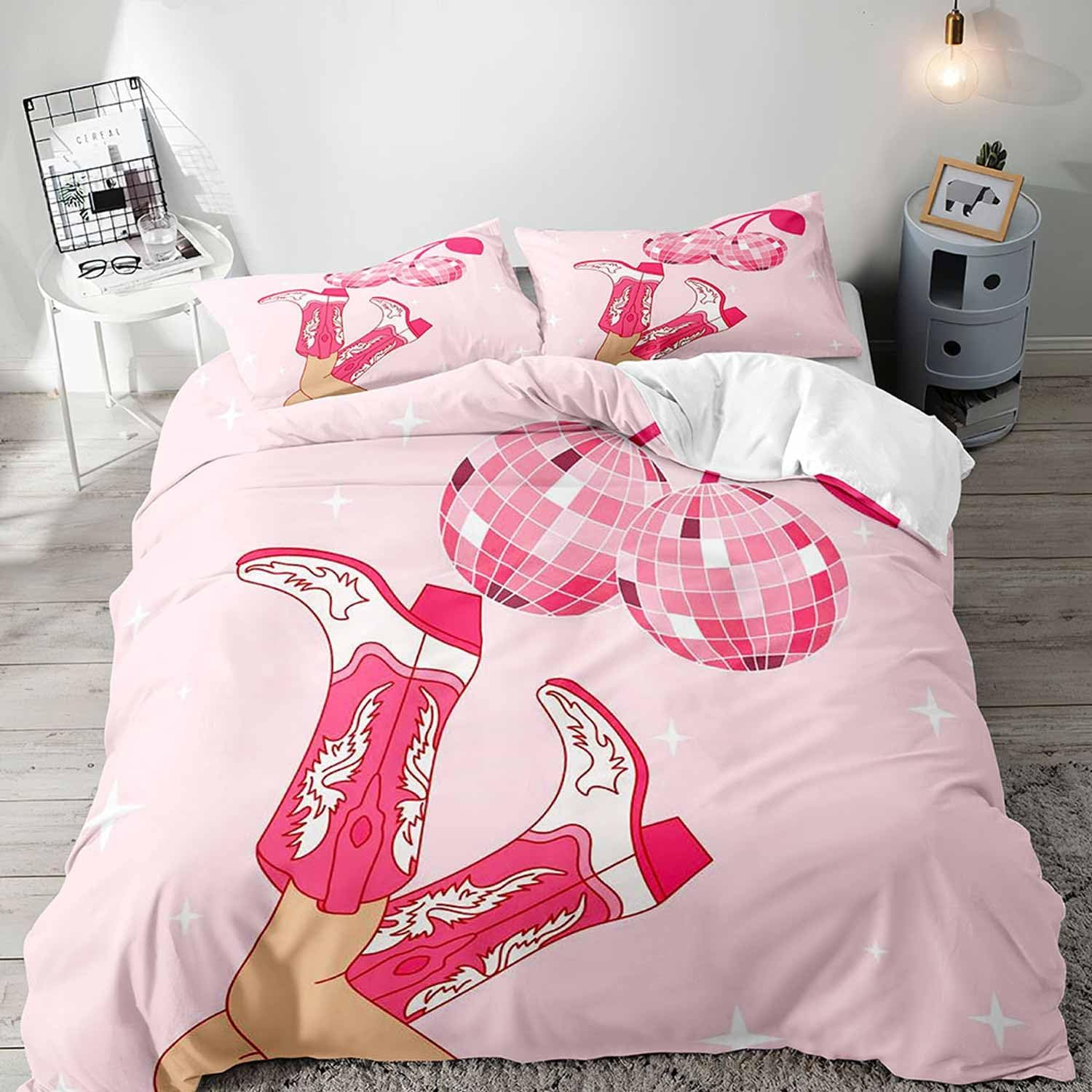 LUVIVIHOME 3PCS Disco Cowgirl Duvet Cover Full Bedding Set, Preppy Bedding, Teen Girl Bedding, Western Cowboy Cowgirl Boots Hat Howdy Hot Pink Comforter Quilt Cover, College Dorm Decor, 2 Pillow Shams