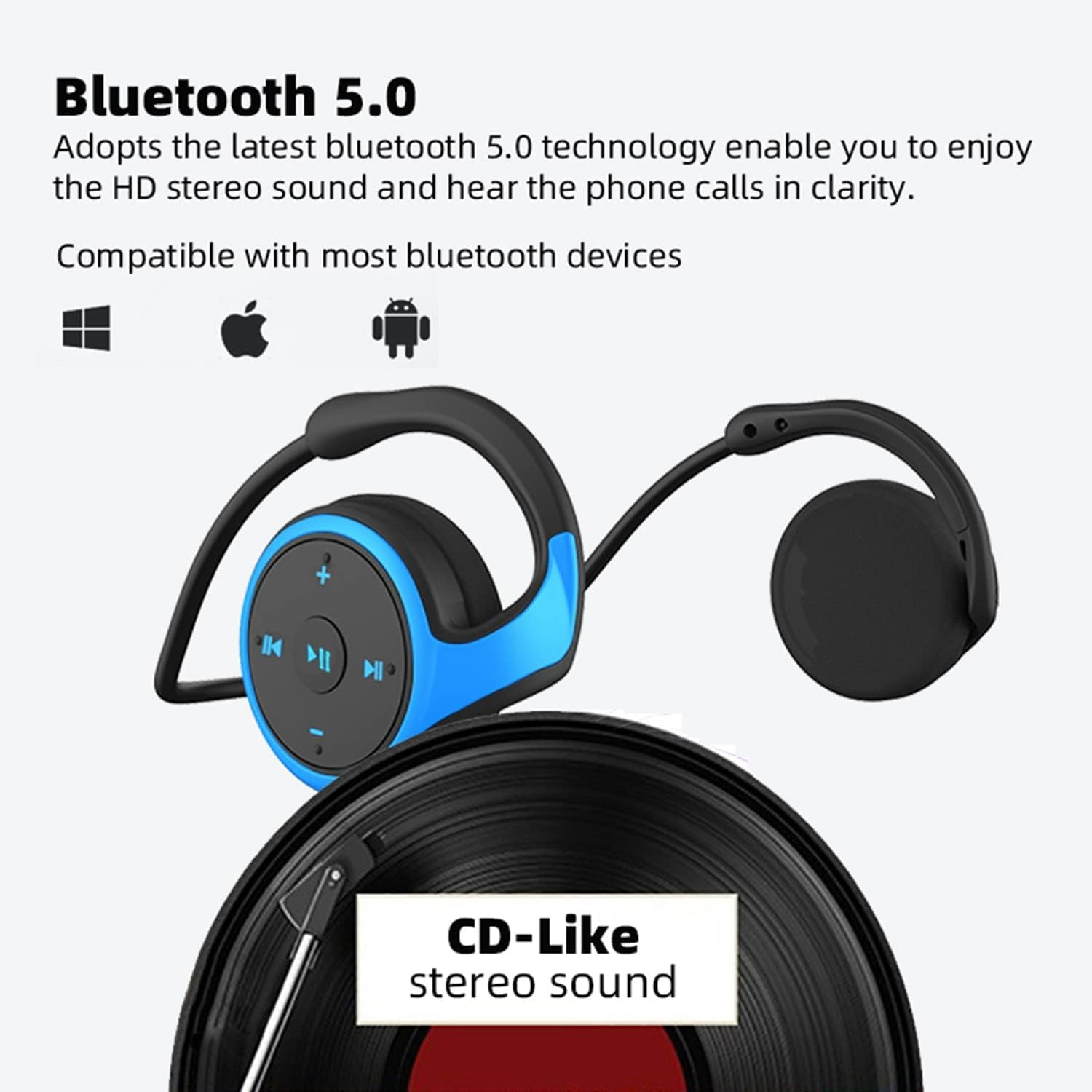 XUJAIOLQP Wireless Bluetooth 5.0 Headset, Ear Hook Stereo Earphones with Microphone, Support TF Card and FM Radio Waterproof Sweatproof for Sports Running Gym image number 2