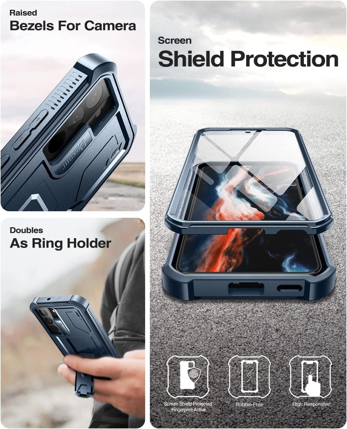 Dexnor Compatible with Samsung Galaxy S22 plus 5G Case with Built-In Screen Protector Military-Grade 360 Full Body Shockproof Bumper Protection Cover with Stand - Navy Blue - Black image number 4