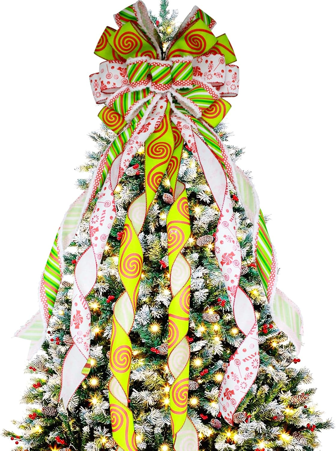 Christmas Tree Topper Large Green Christmas Bow Tree Topper, Candy Green Stripe Swirl Gift Bow for Xmas Tree Handmade Holiday Party Home Wedding Indoor/Outdoor Decorations -13 X 45 Inch