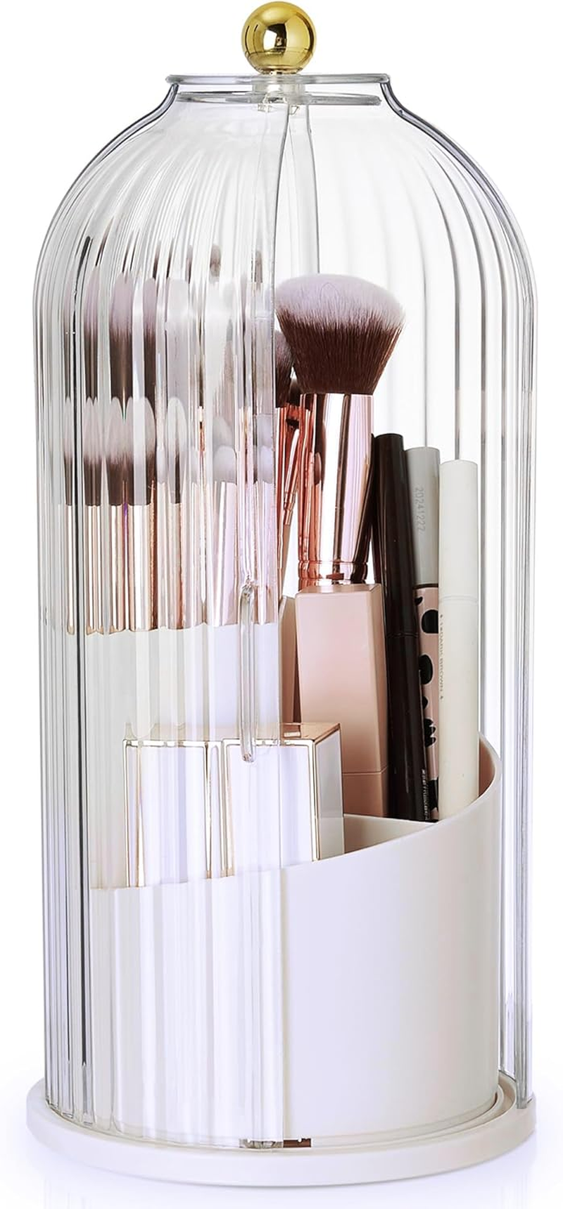 STORICANS Makeup Brush Holder Rotating Organiser with Clear Lid，Sliding Opening Dustproof Makeup Brush Case Makeup Organizer Storage for Dressing Table Organiser,Vanity,White