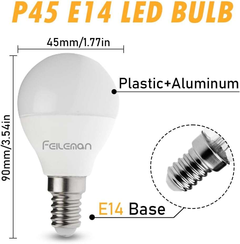 FEILEMAN E14 LED Light Bulbs Small Edison Screw P45/G45 2700K Warm White 8W (Replaces 70W) 880LM Super Bright E14 SES Golf Mini Globe Bulb No Dimmable, Pack of 6 image number 4