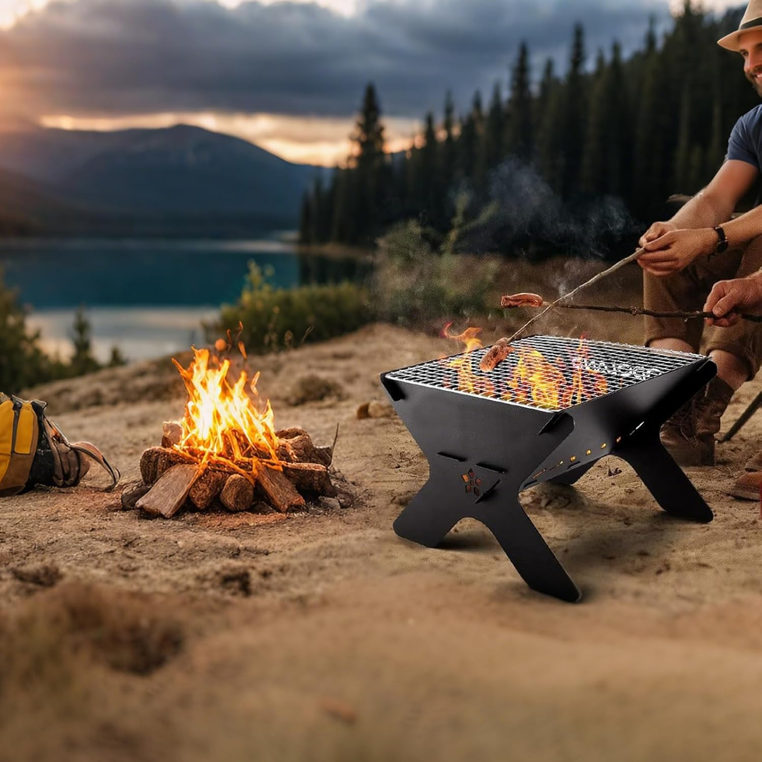 Folding Coal Grill - Compact Outdoor Fire Pit BBQ with Carry Case, Ideal for Camp Cooking, Backyard, Bonfires & Patio