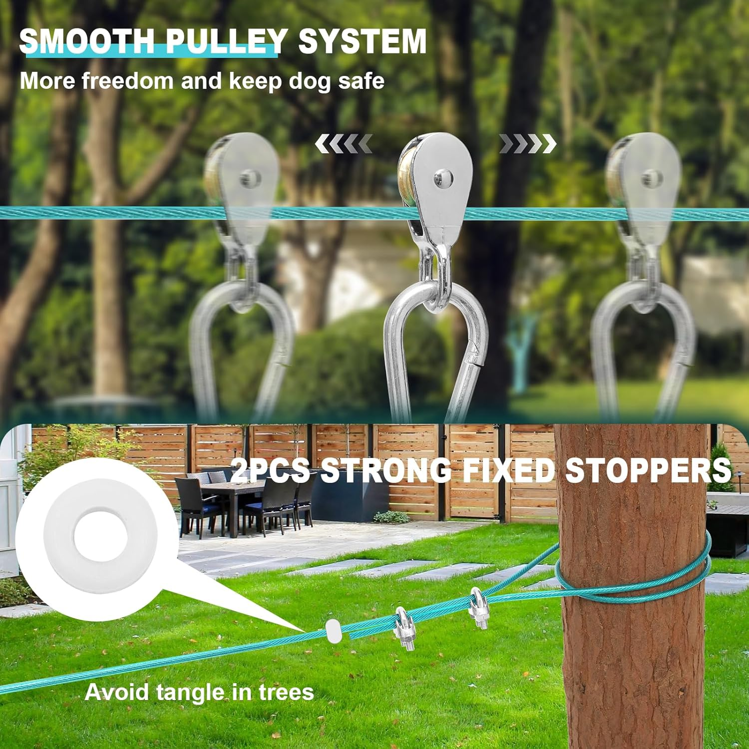 Libbipaw Dog Trolley System - Tangle Free & Shock Absorbing Heavy Duty Runner for Large Dogs up to 300 Lbs, 100 Ft Cable with 15 Ft Leash - Backyard, Park, Camping(100Ft) image number 3