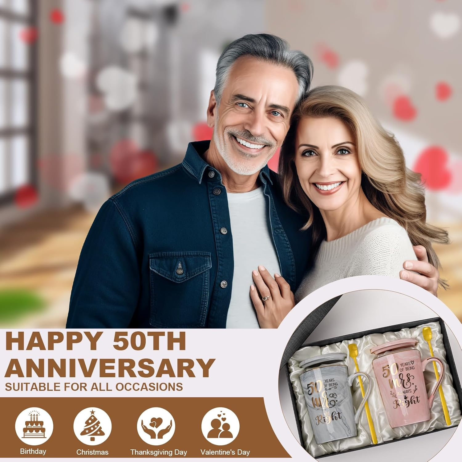 ALBISS 50Th Wedding Anniversary Coffee Mugs Set - 14Oz Golden 50Th Anniversary Cup Gifts for Couples, Parents, Grandparents, Grandpa, Grandma - 50Th Anniversary Decorations Mug in Pink and Grey, Boxed image number 6