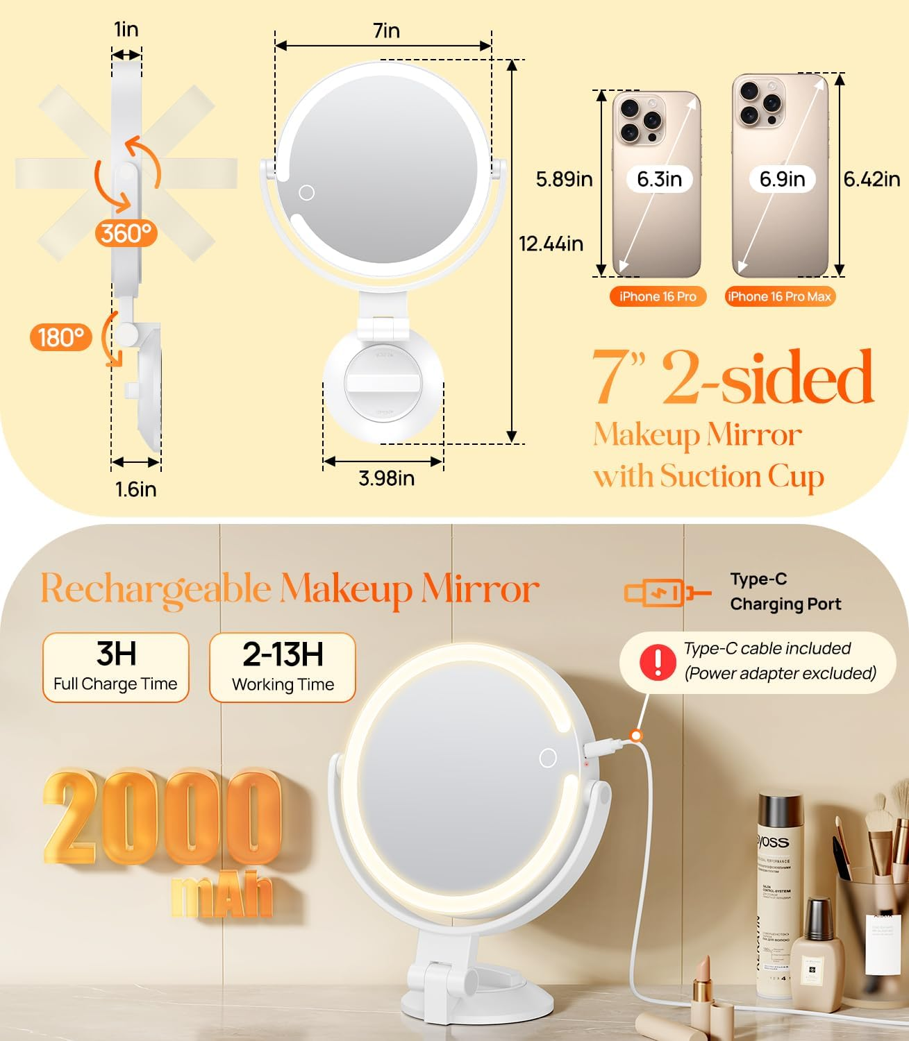 Gospire 7" Wall Mounted Makeup Mirror with Lights and Magnification 10X, 3 Color Lighted Bathroom Mirror with Powerful Locking Suction Cup, Shaving Mirror for Men, Led Mirror for Desk - White image number 3