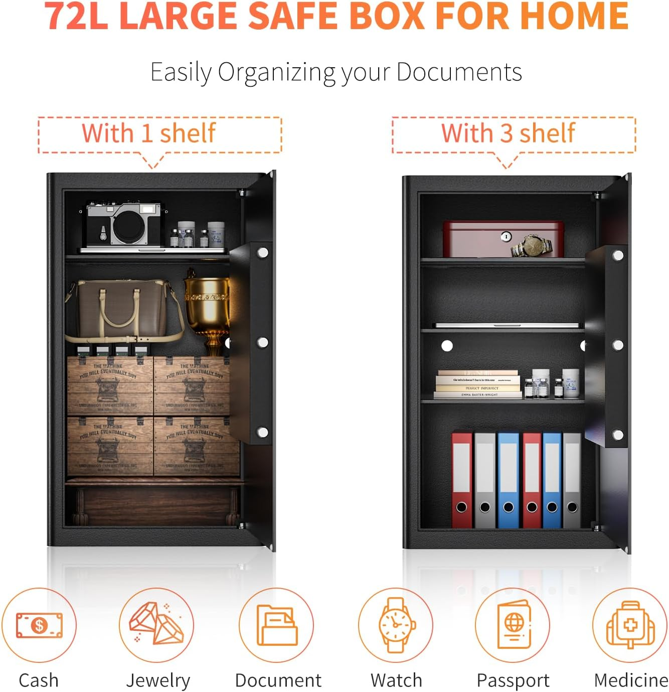 WASJOYE Safe Lock Box Wite Keys, High Security Safety Box, 72L Steel Lock Safes for Home/Office, Cabinet Keys Safe Lock Box for Money Cash Jewelry Medicine Document, 62.5 * 37 * 31CM image number 4