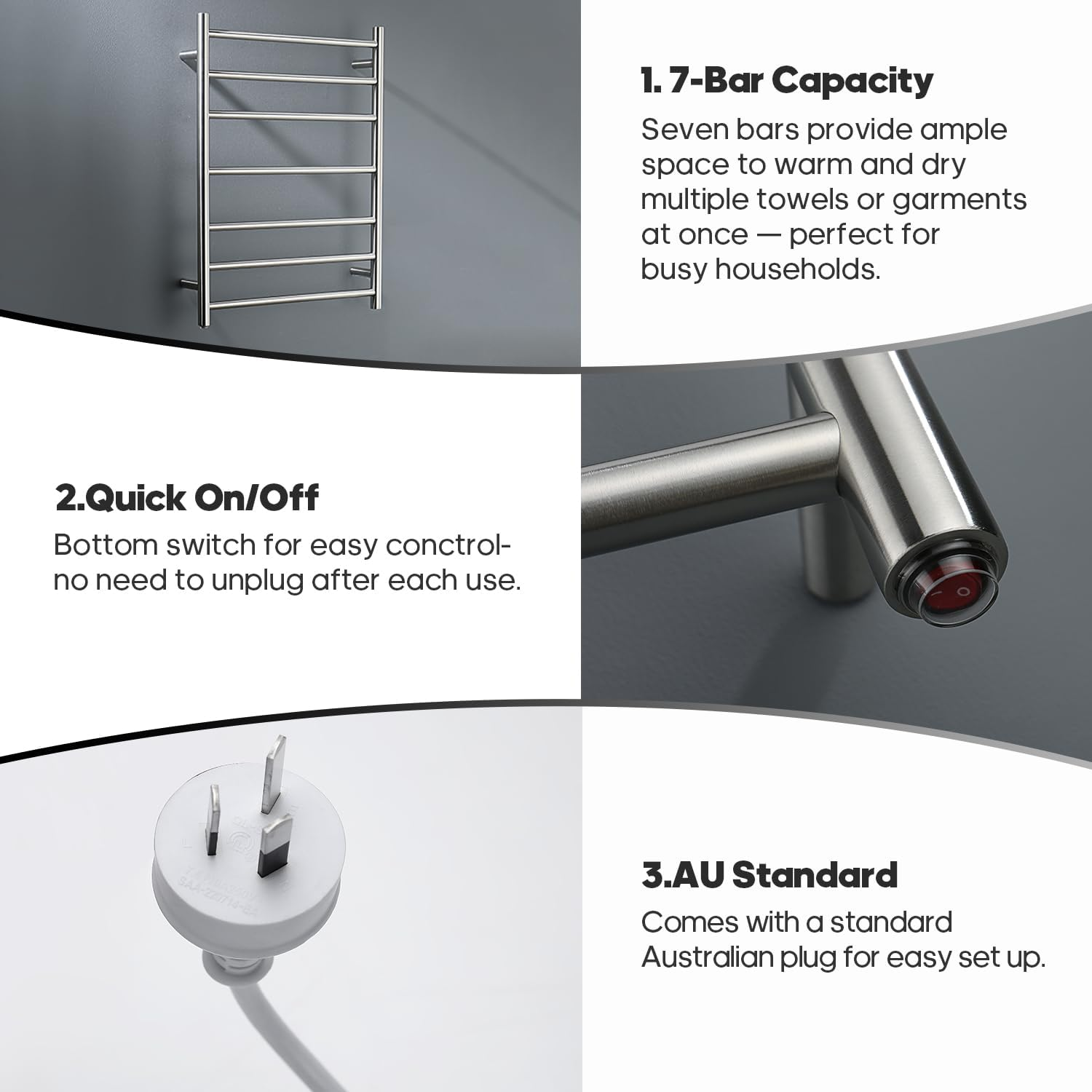 Decaura 7-Bar Heated Towel Rail, Electric Towel Warmer for Bathroom, Wall-Mounted, IP55 Waterproof, Plug-In or Hardwired, Stainless Steel, 600Wx800Hx122D Mm image number 7