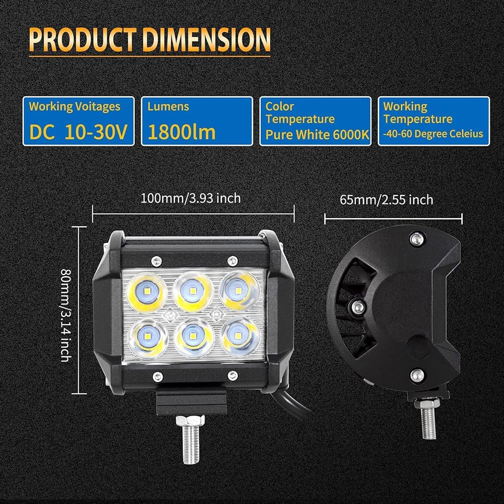 LED Pods, Spot Driving Fog Light 4Pcs 18W 2000LM 9V 32V IP67, Spot Led off Road Lights, Super Bright Driving Fog Boat Lights, Led Work Light Bar, for Trucks Pickup Golf Cart SUV ATV UTV image number 3