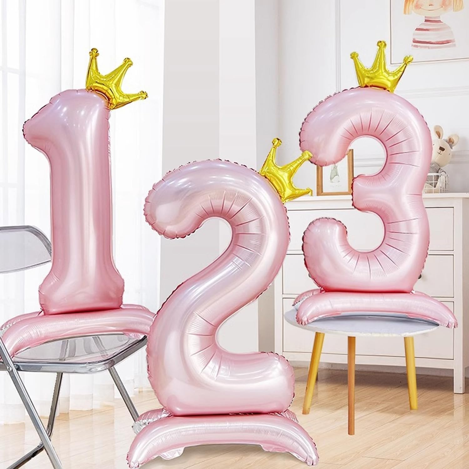 Standing Number 2 Balloon with Crown, 42 Inch Jumbo Mylar Foil Balloons Helium or Air Balloons for 2Nd 12 22 Birthday Party Celebration Decoration Pink Number 2