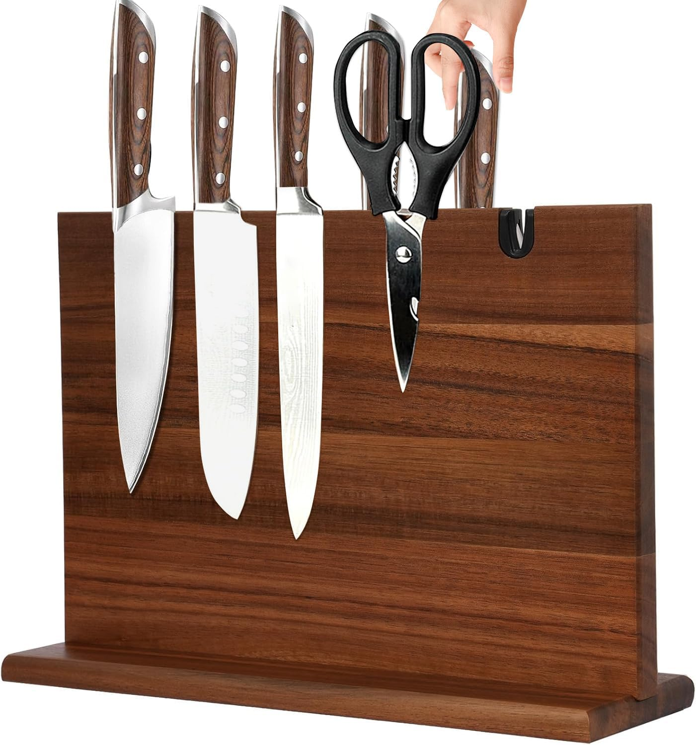 Magnetic Knife Block with Knife Sharpener, Double Sided Magnetic Knife Holder Kitchen Counter, Acacia Wood Magnetic Knife Storage Stand, Universal Knife Display Rack Multifunctional Storage image number 4