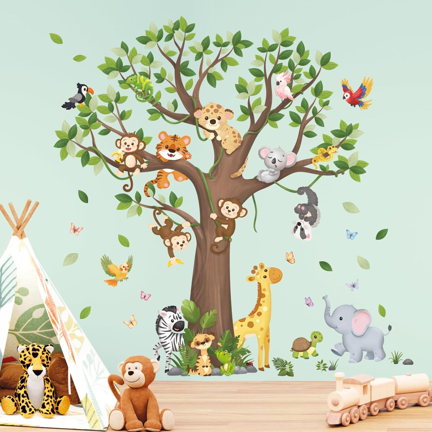 DECOWALL SG4-2504 Large Tree Jungle Animals Wall Stickers Peel and Stick Removable Decals for Kids Safari Nursery Bedroom Playroom Decor Zoo