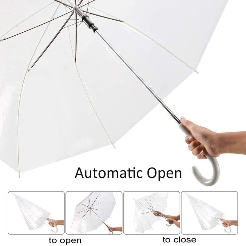 AIMALL Clear PVC 71Cm Long Umbrella, Transparent Wedding Parasol, See Through, Rain Protection, White Handle, Black Frame