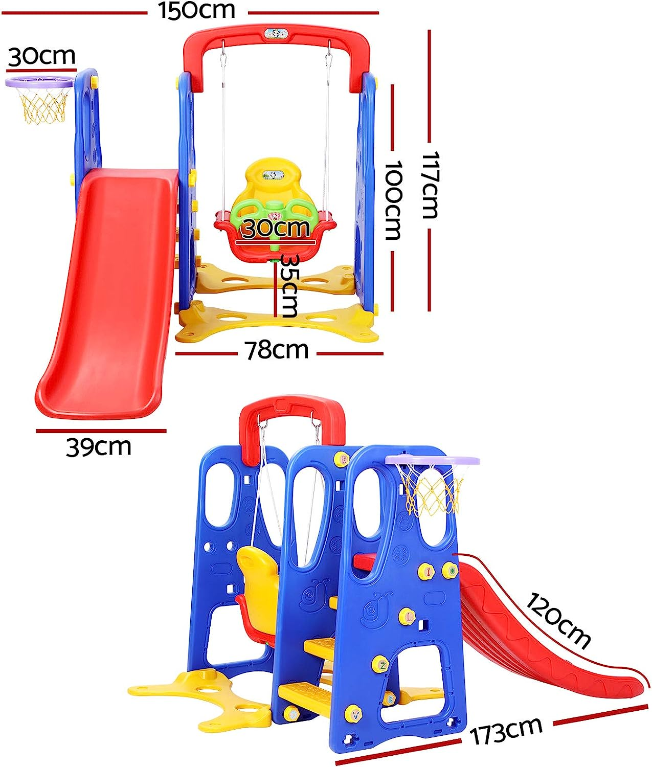 Keezi Kids Slide Swing Set with Basketball Hoop, 3 in 1 Climbing Frame Cubby House Toddler Fold up Cardboard Slides Playground Outdoor Indoor Activity Sports Center Gym, Sticker Pump image number 4
