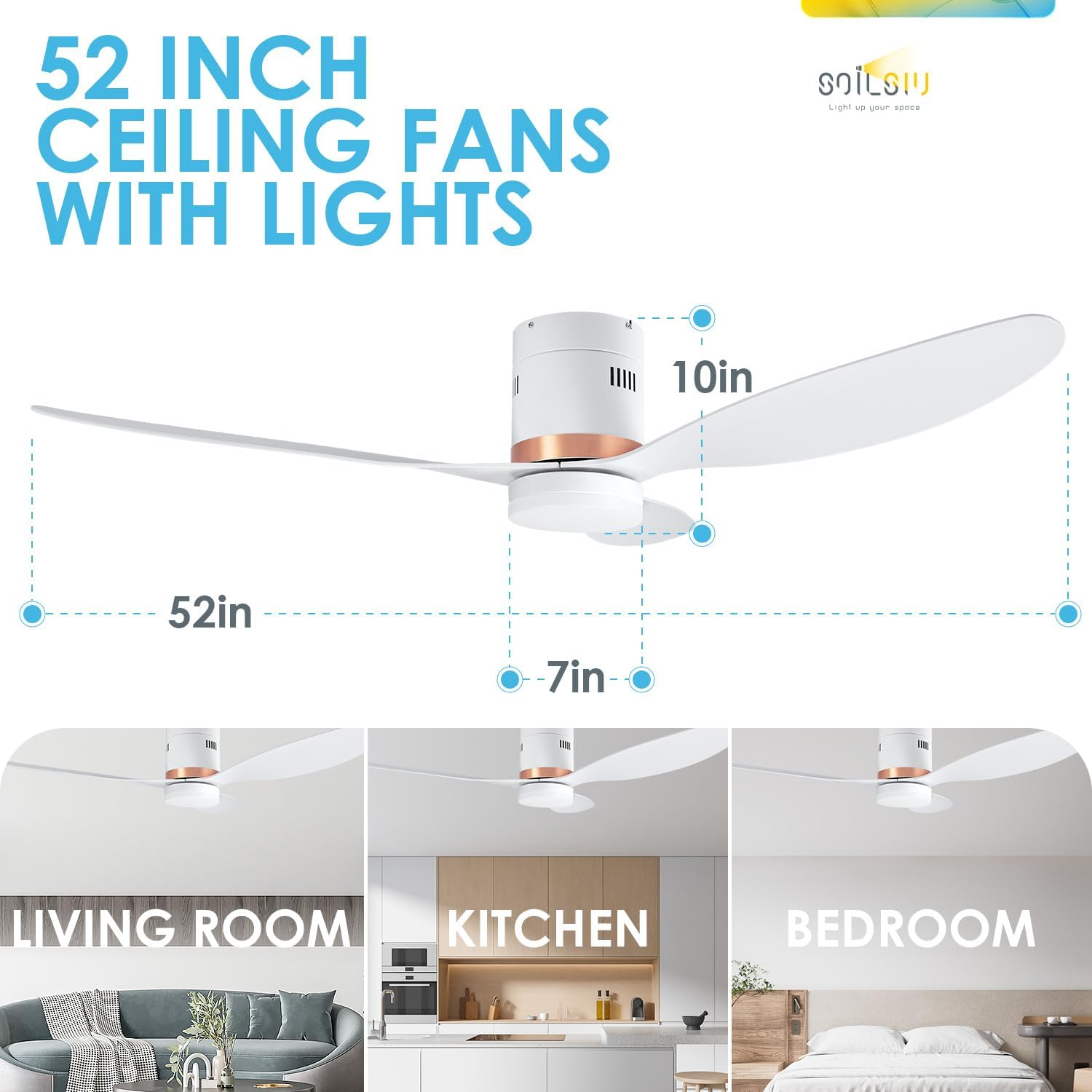 52 Inch Ceiling Fan with Lights and Remote, Modern DC Motor Silent Ceiling Fans with 3 Color Temperatures, 6 Speeds, Reversible Function, Height Adjustable Flush Mount Indoor Bedroom (White) image number 3