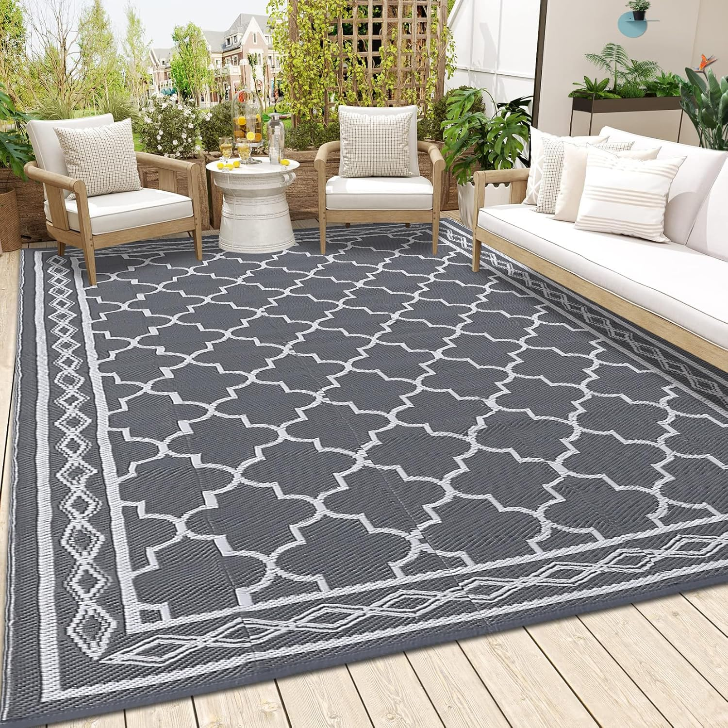 Lintimes Outdoor Rug for Patio Clearance, 152 X 244 Cm Reversible Mats, Waterproof Carpet, Plastic Straw Rug for Indoor Outdoor, Floor Mat&Rug for RV Porch Backyard Deck Beach, Black Gray