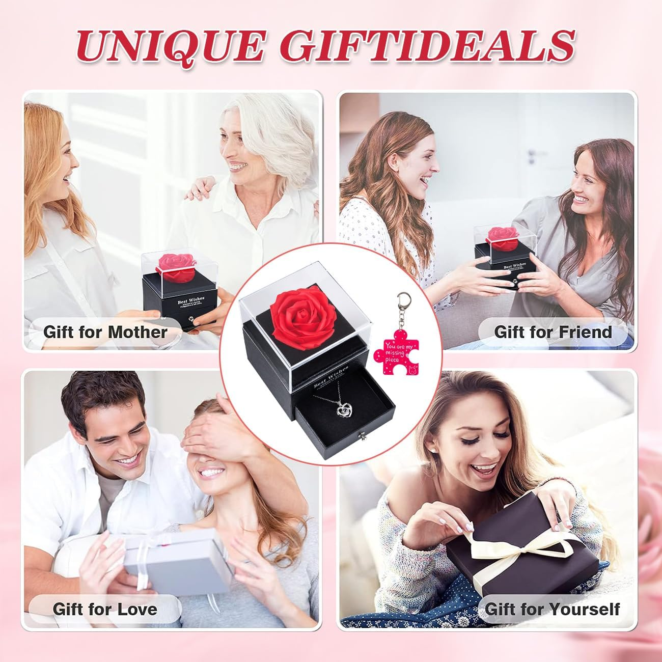 Preserved Red Real Rose with I Love You Necklace -Eternal Flowers Rose Gifts for Mom Wife Girlfriend Her on Anniversary Mothers Day Valentines Day Christmas Birthday Gifts for Women - Preserved Red Real Rose-D image number 3