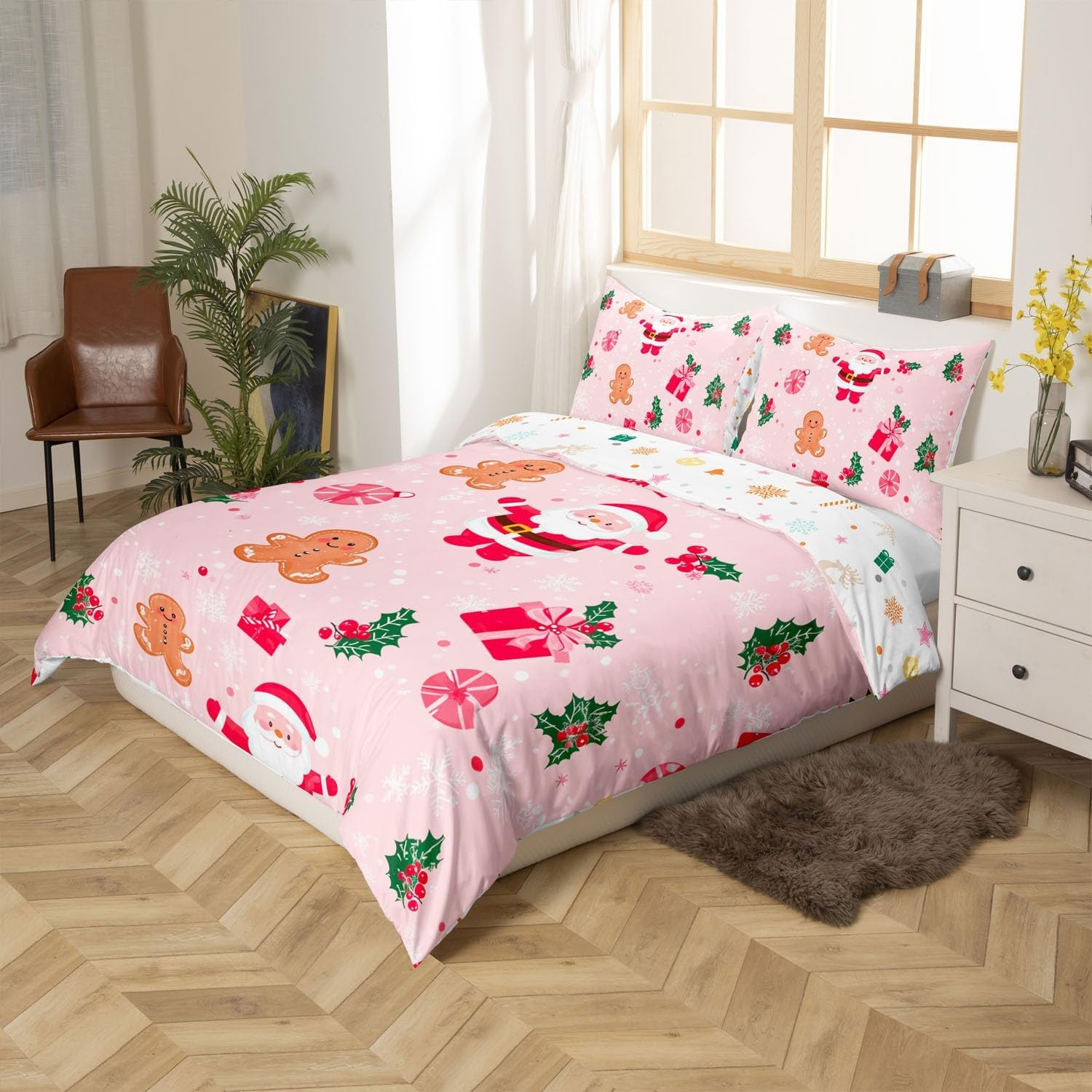 Kawaii Santa Claus Bed Linen Set for Children Girls Teens, Pink Christmas Duvet Cover 155 X 220, Cartoon Cute Gingerbread Man Comforter Cover, Christmas Candy Snowflake Bed Set Xmas Decor image number 6