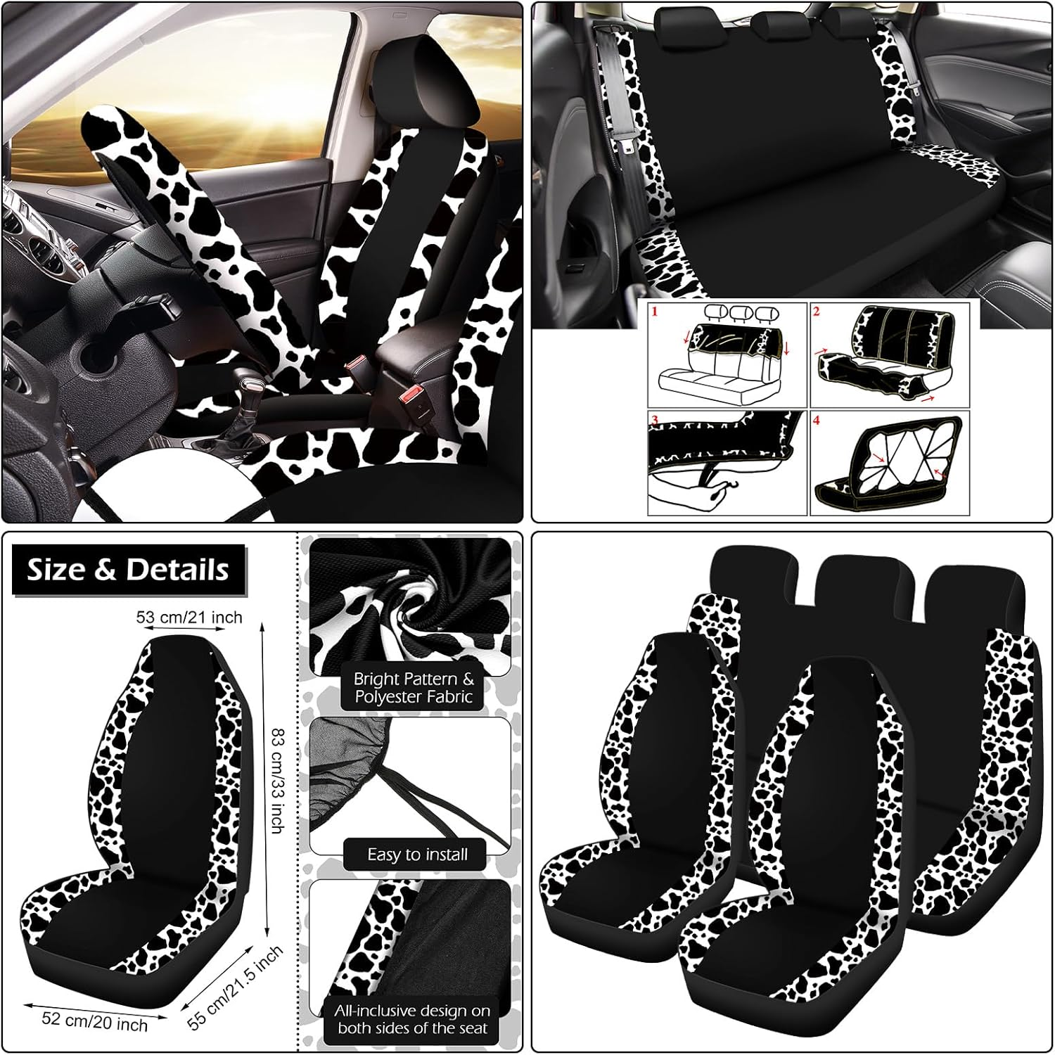 Datanly 16Pcs Cow Print Car Seat Cover Full Set for Women Men Car Seat Accessories Protector Steering Wheel Armrest Pad Belt Pads Mirror Cover for Most Sedan SUV Van (White, Black) image number 6