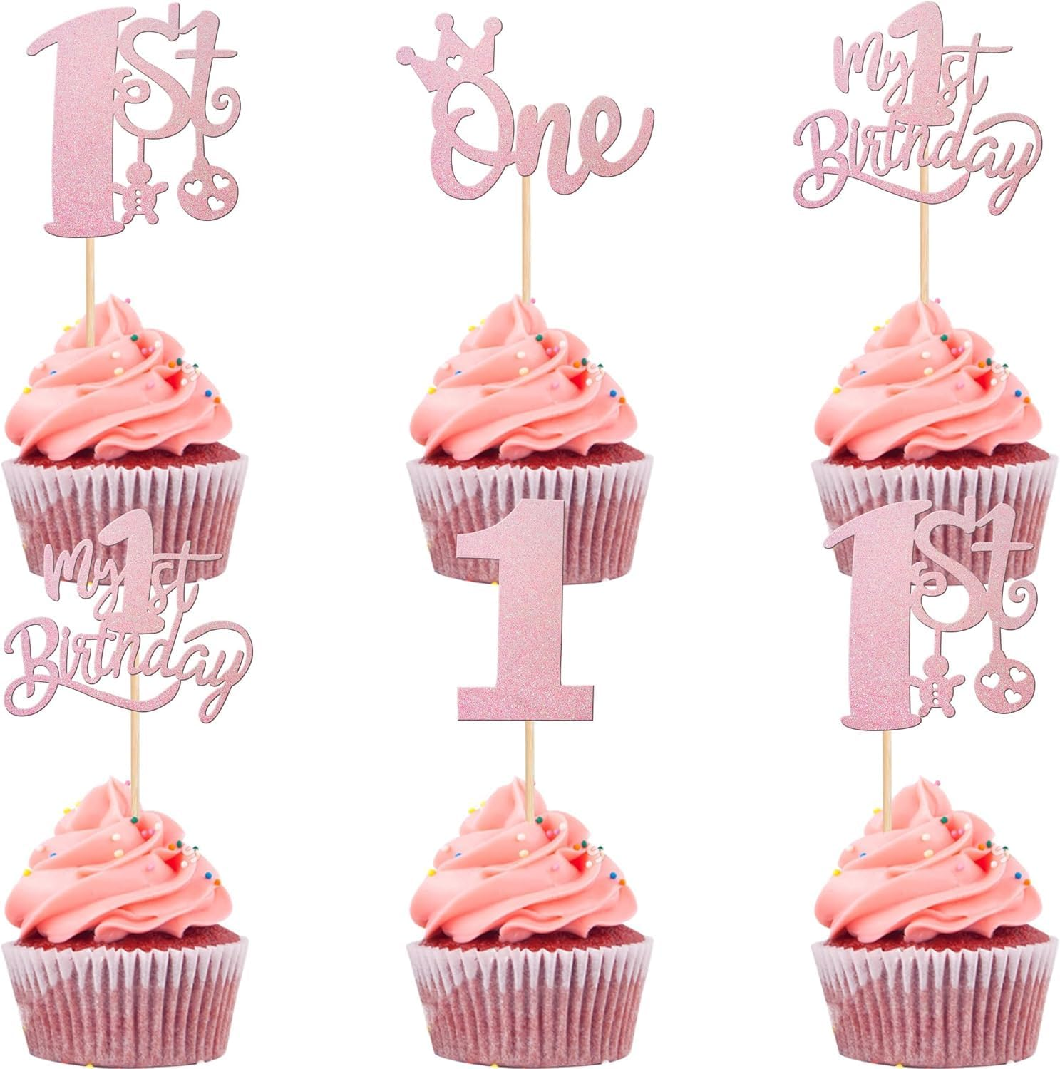 SYKYCTCY 24 Pack One Birthday Cupcake Toppers Glitter Happy 1St Birthday Cupcake Picks Crown Happy Birthday Cake Decorations for First Baby Shower Anniversary Party Supplies (Pink)