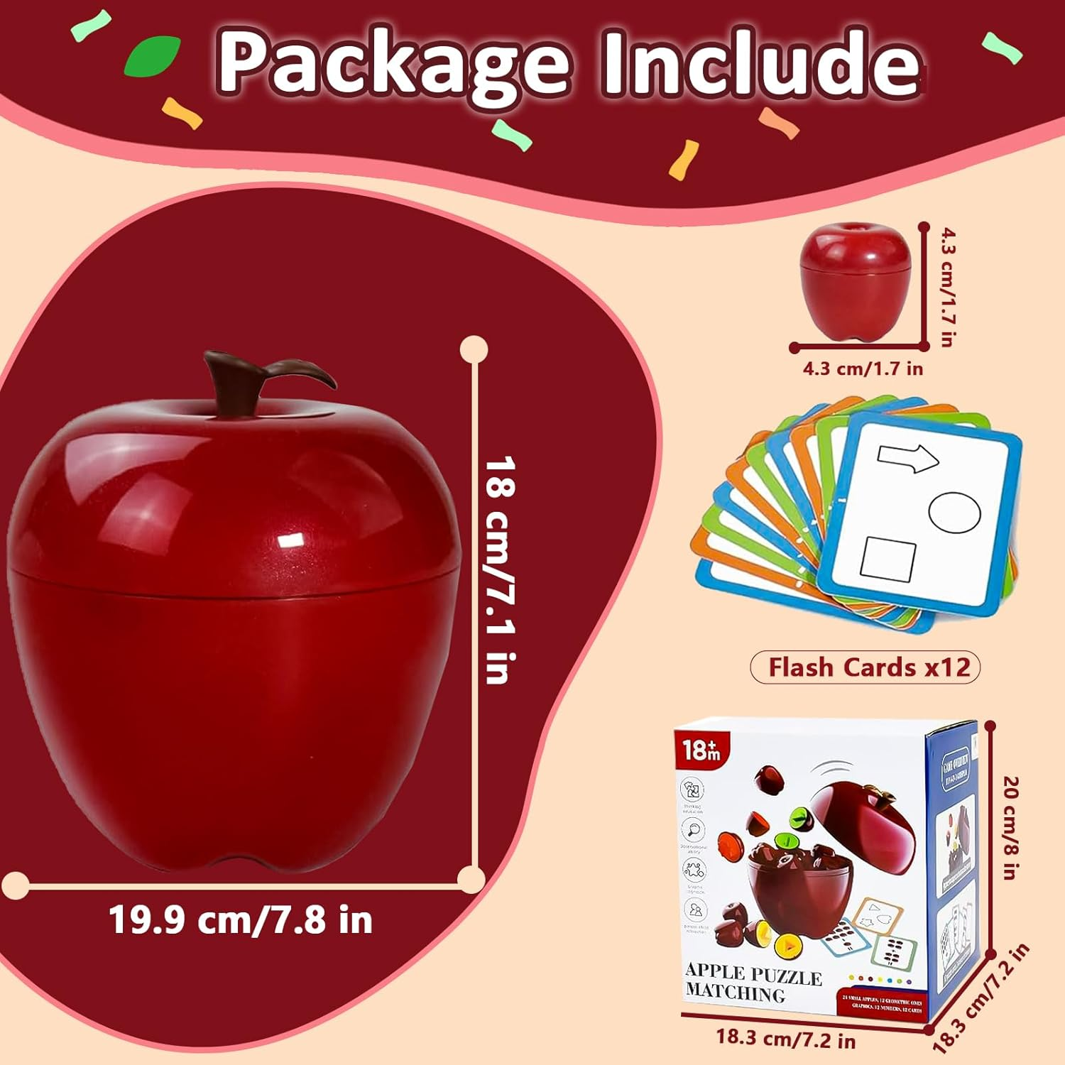 Caunedy 24PCS Apple Shape Sorting & Matching Toys, Color & Shape Recognition Games for Toddlers 3+ Years, Sensory Educational Kit with Apple-Shaped Storage Basket, STEM Toy for Kids image number 1