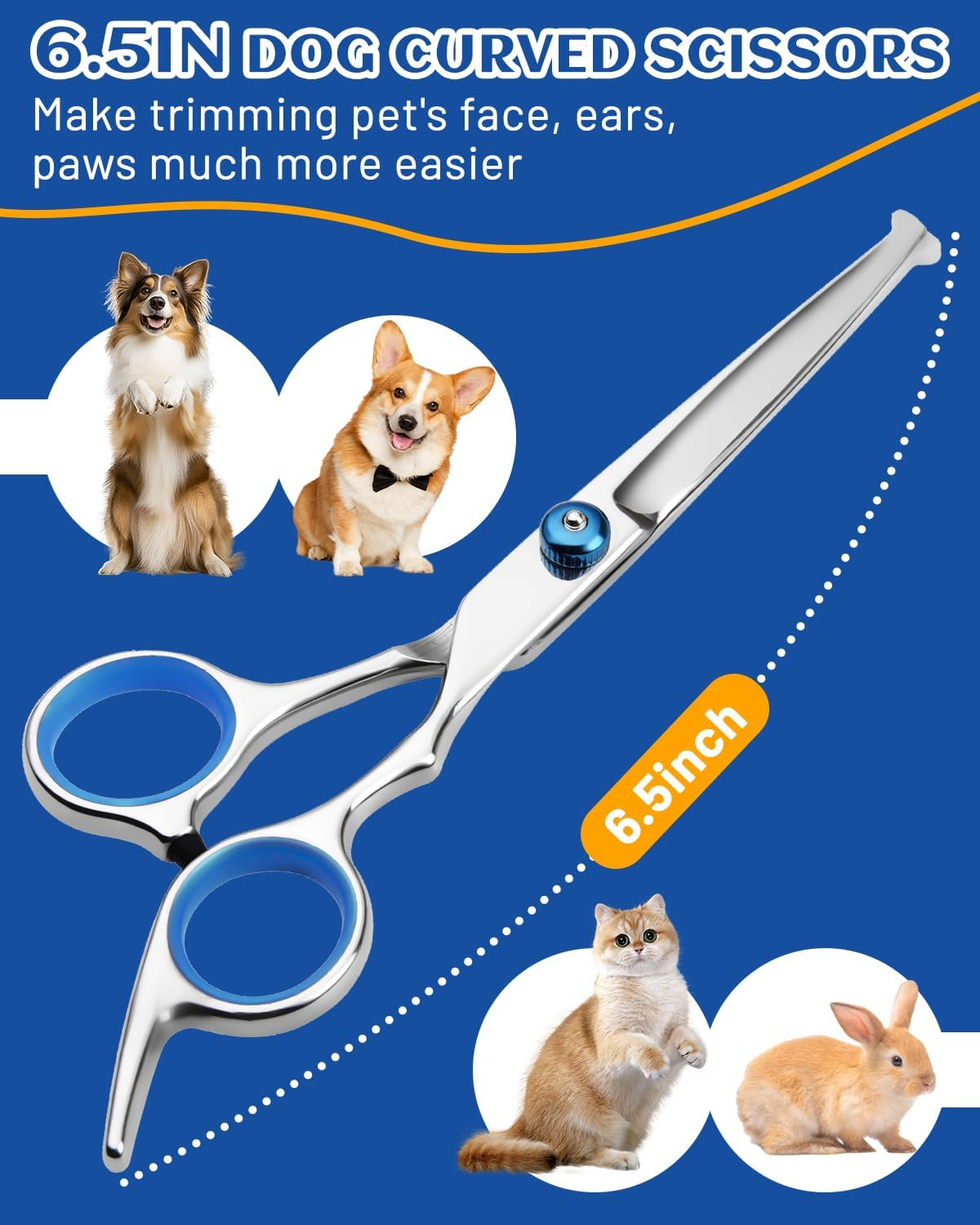 Dog Grooming Scissors - Curved Pet Grooming Shears with Safety round Tips, Professional Stainless Steel Pet Scissor for Cats Dogs Trimming Face and Paws